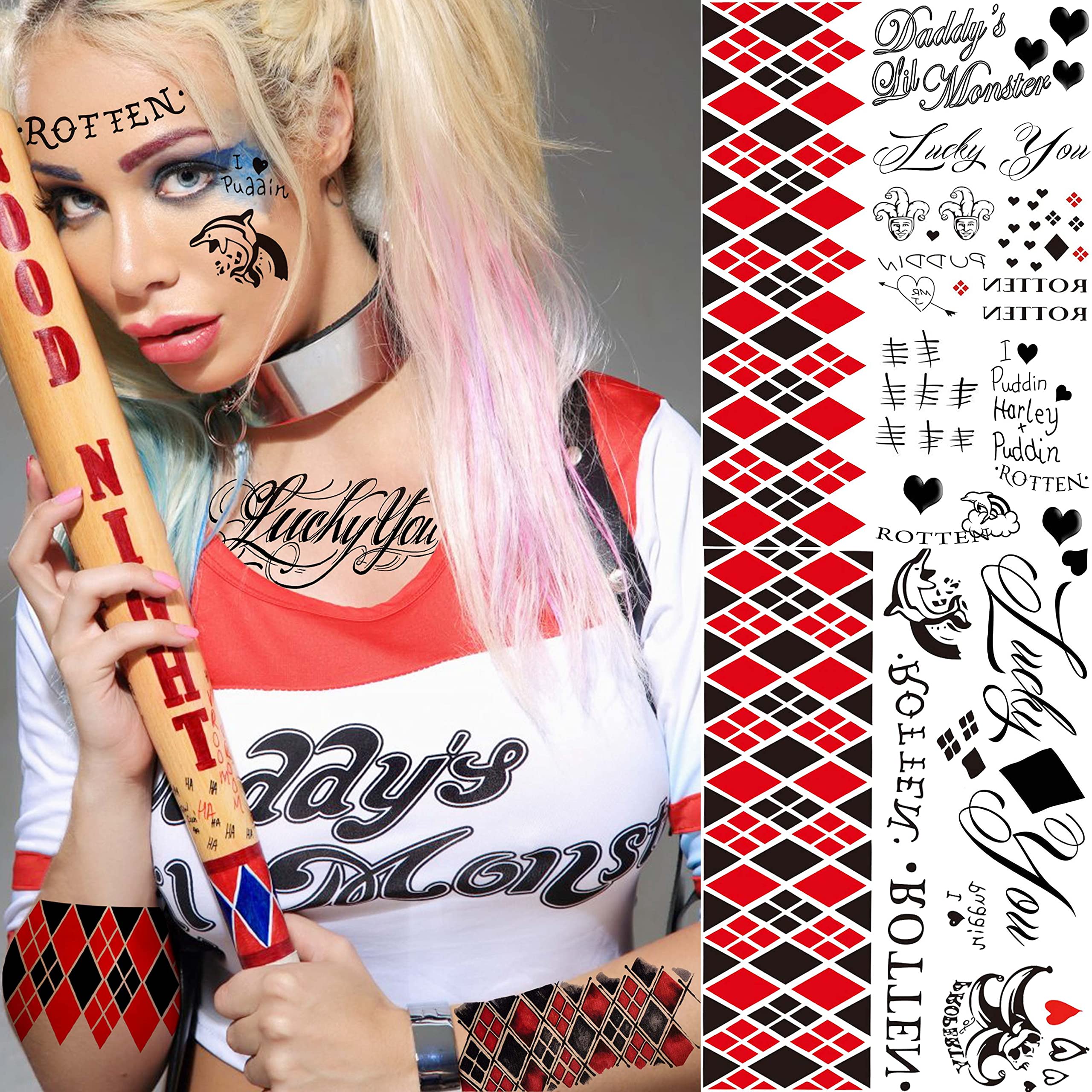 Premium 5-Pack Temporary Tattoos for Women & Adults - Halloween Makeup Kit with Joker Face Designs | Costume Party Accessories, Gothic Prisoner & Rapper Fake Tattoo Stickers for Halloween, Cosplay, Themed Parties & Festive Events