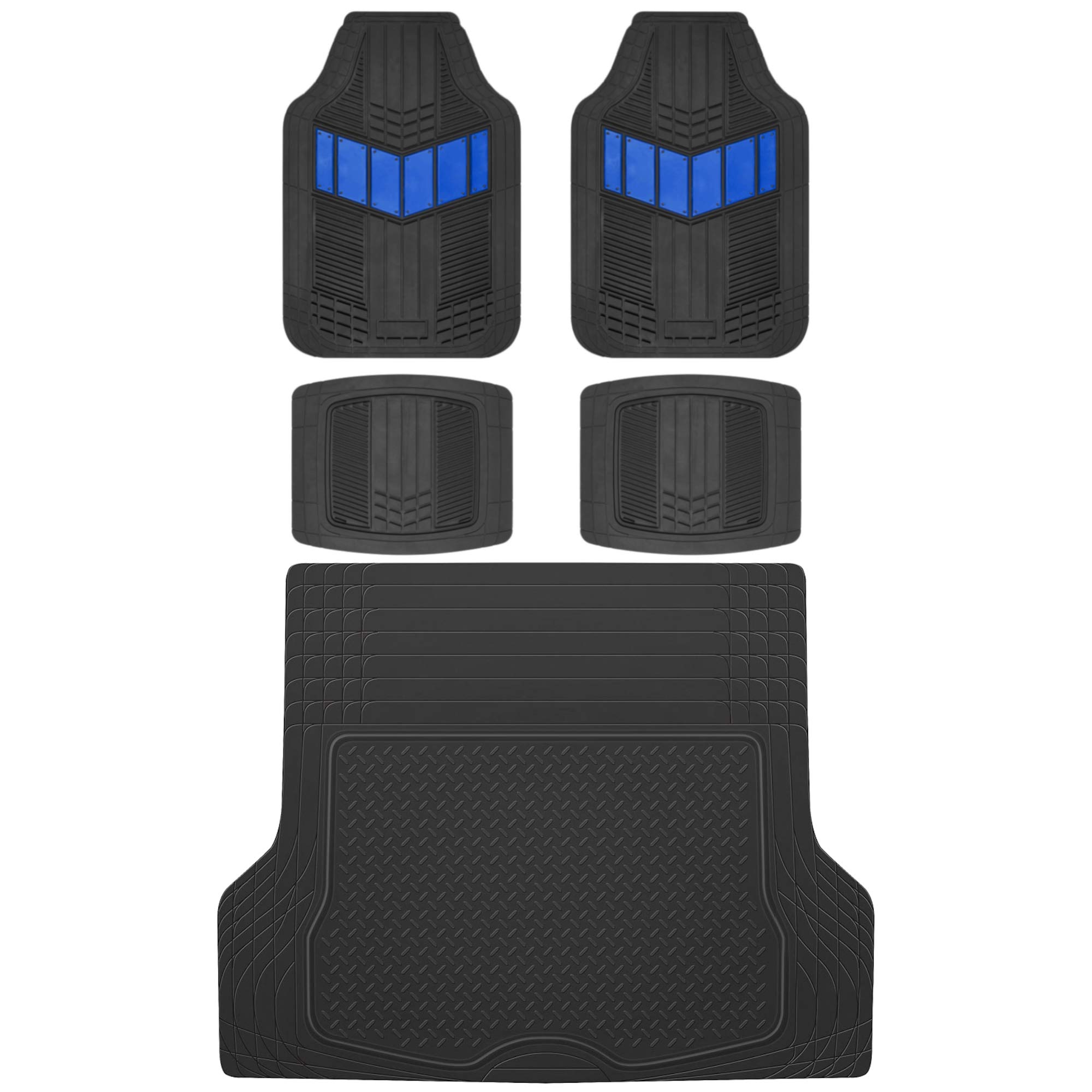 Motor Trend FlexTough Blue All-Weather Car Floor Mats Set - Heavy Duty Rubber Floor Liners for SUV, Van & Sedan - Front & Rear Seat Mats + Cargo Liner - Perfect for Rain, Snow & Mud Protection - Ideal for Daily Commute, Road Trips & Outdoor Adventures