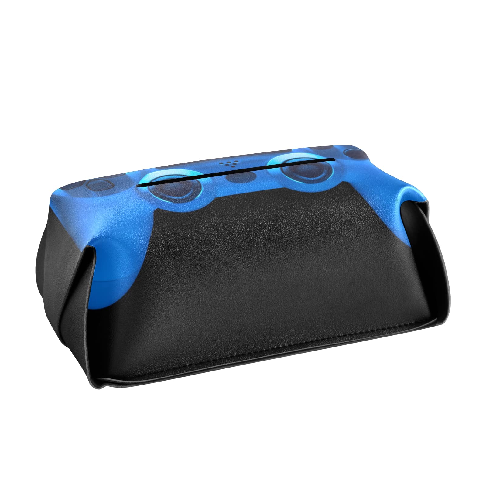 Blue Neon Light Video Game Joystick Gamepad - Leather Tissue Box Cover with Handle (9.4x5.1x3.6 in) for Bathroom, Home, Office & Car - Perfect for Gaming Setups, Nightstands & Vanity Countertops