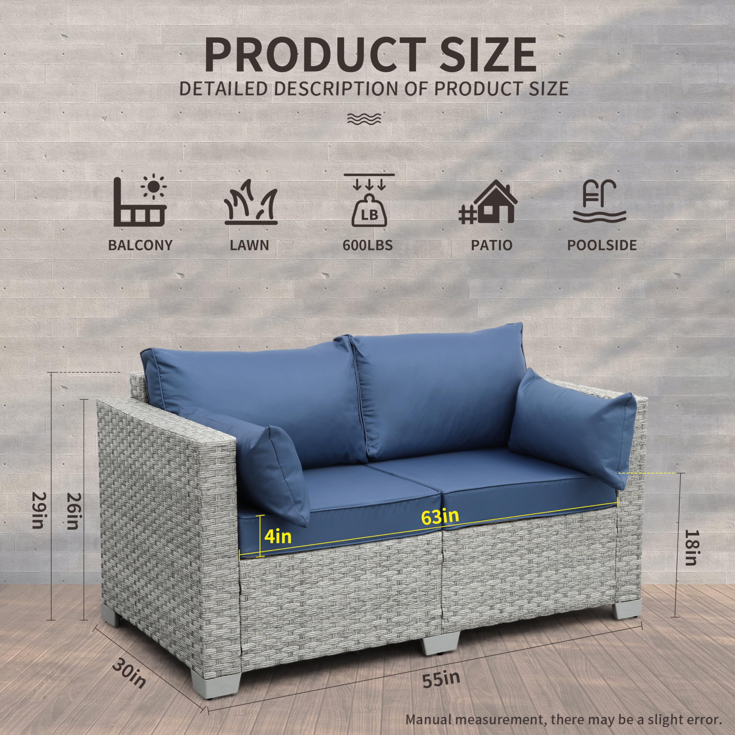 WAROOM Outdoor Wicker Loveseat 2-Seater Sofa - PE Rattan Patio Furniture with Blue Cushions | Perfect for Backyard, Garden, Balcony & Poolside Relaxation