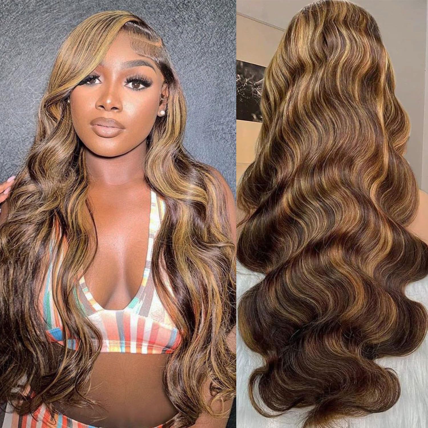 13x6 HD Ombre Lace Front Human Hair Wig - Body Wave Highlight Lace Frontal Wig with Baby Hair, 180% Density 4/27 Colored Glueless Honey Blonde 28 Inch | Perfect for Cosplay, Daily Wear & Special Occasions