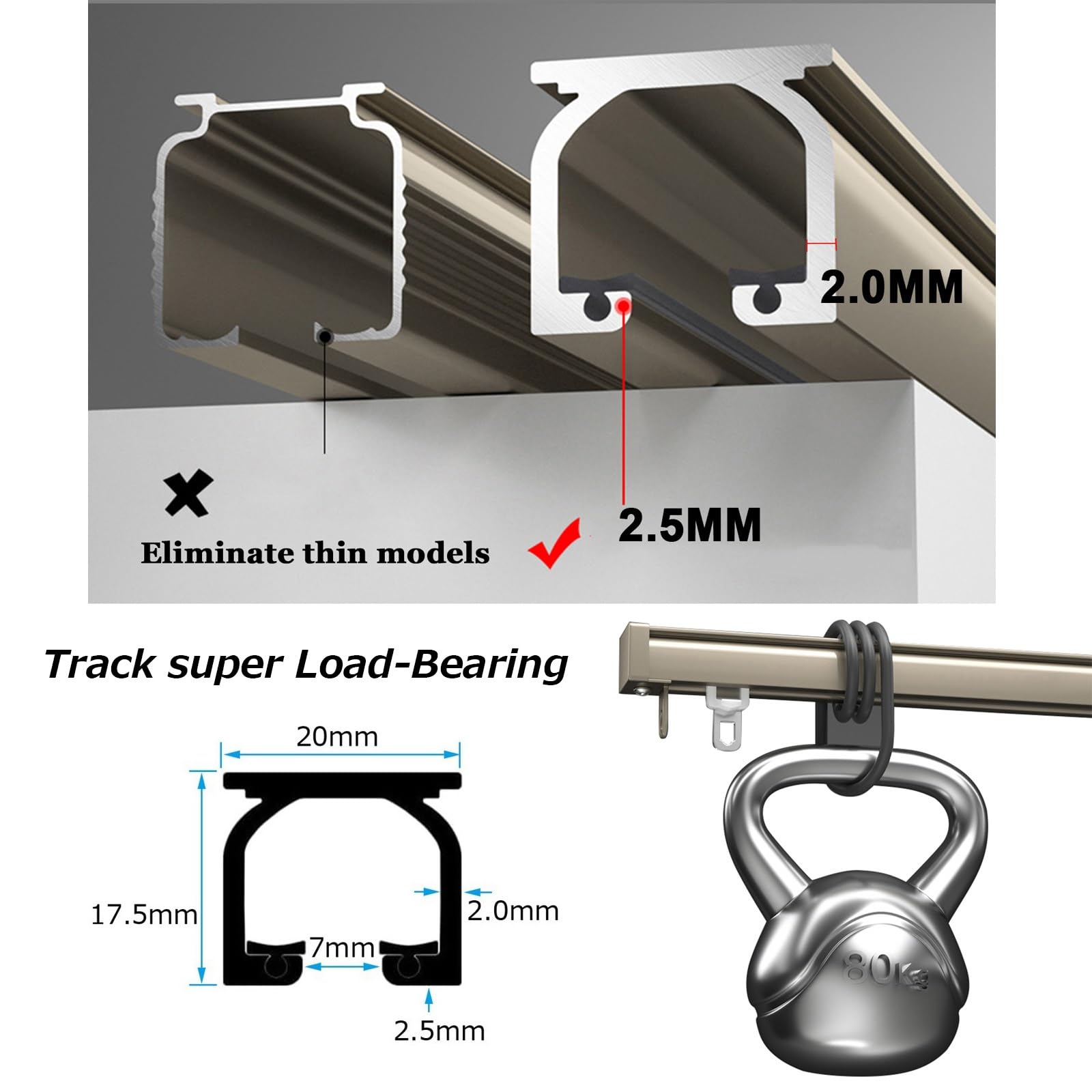 Heavy Duty Aluminum Ceiling Curtain Track Rails - 2.0mm Thick Wall Mount or Ceiling Mount Curtain Rod System with Rollers for Room Dividers, Shower Curtains, Blackout Drapes - Perfect for Living Room, Bedroom, Office Partition and Bathroom Decor