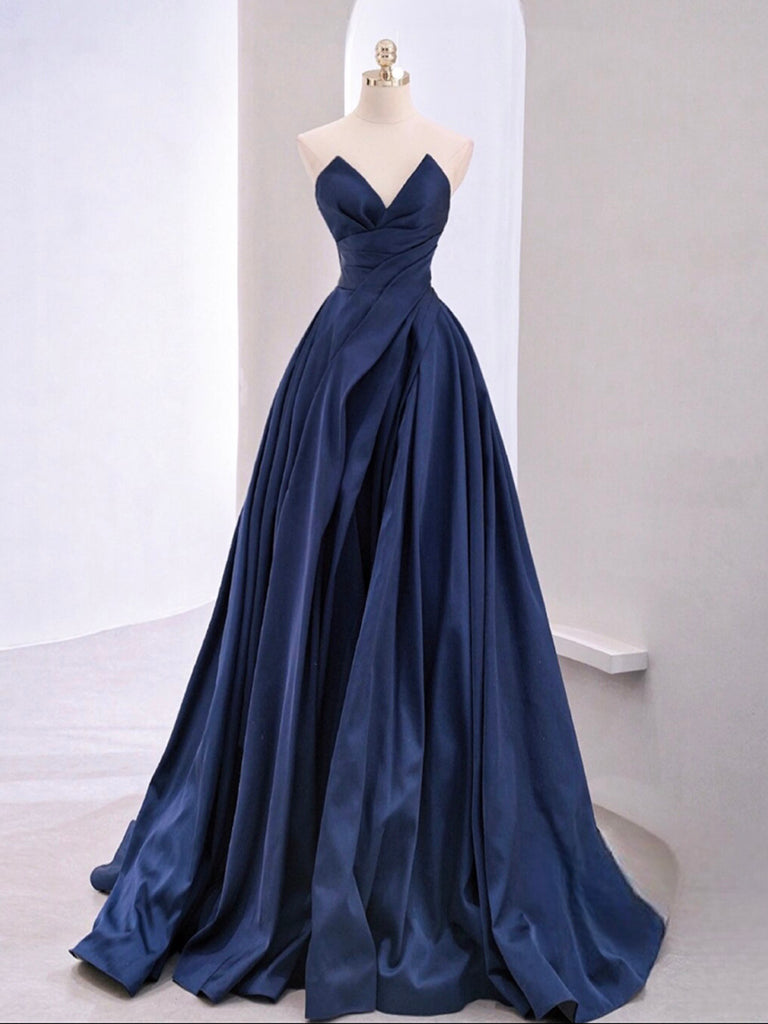 Elegant A-Line V-Neck Satin Dark Blue Long Prom Dress - Formal Evening Gown for Homecoming, Ball, and Special Occasions