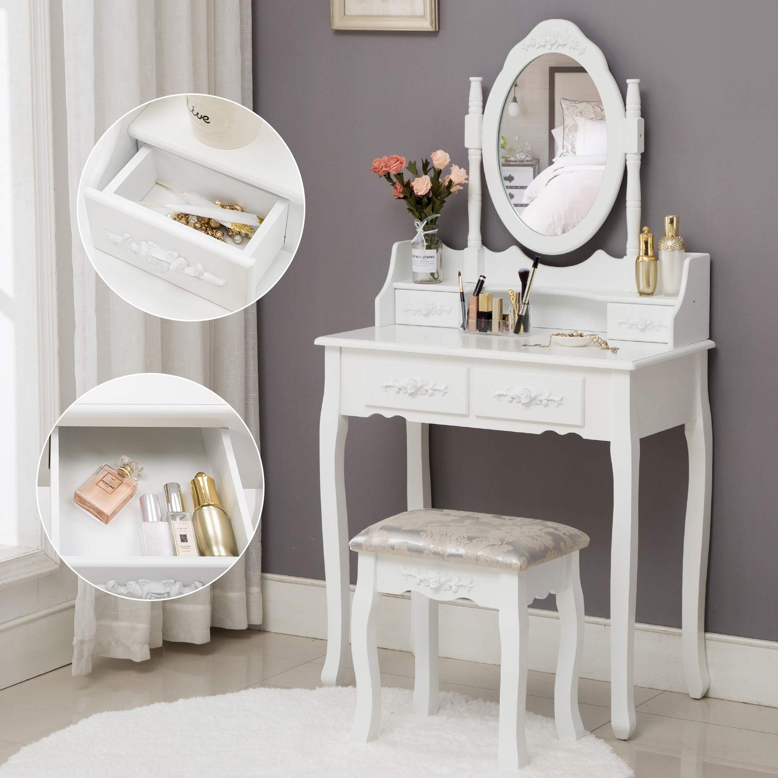 HONBAY White Makeup Vanity Table Set with Oval Mirror, 4 Drawers & Cushioned Stool - Perfect Dressing Table for Bedroom, Bathroom, or Beauty Salon