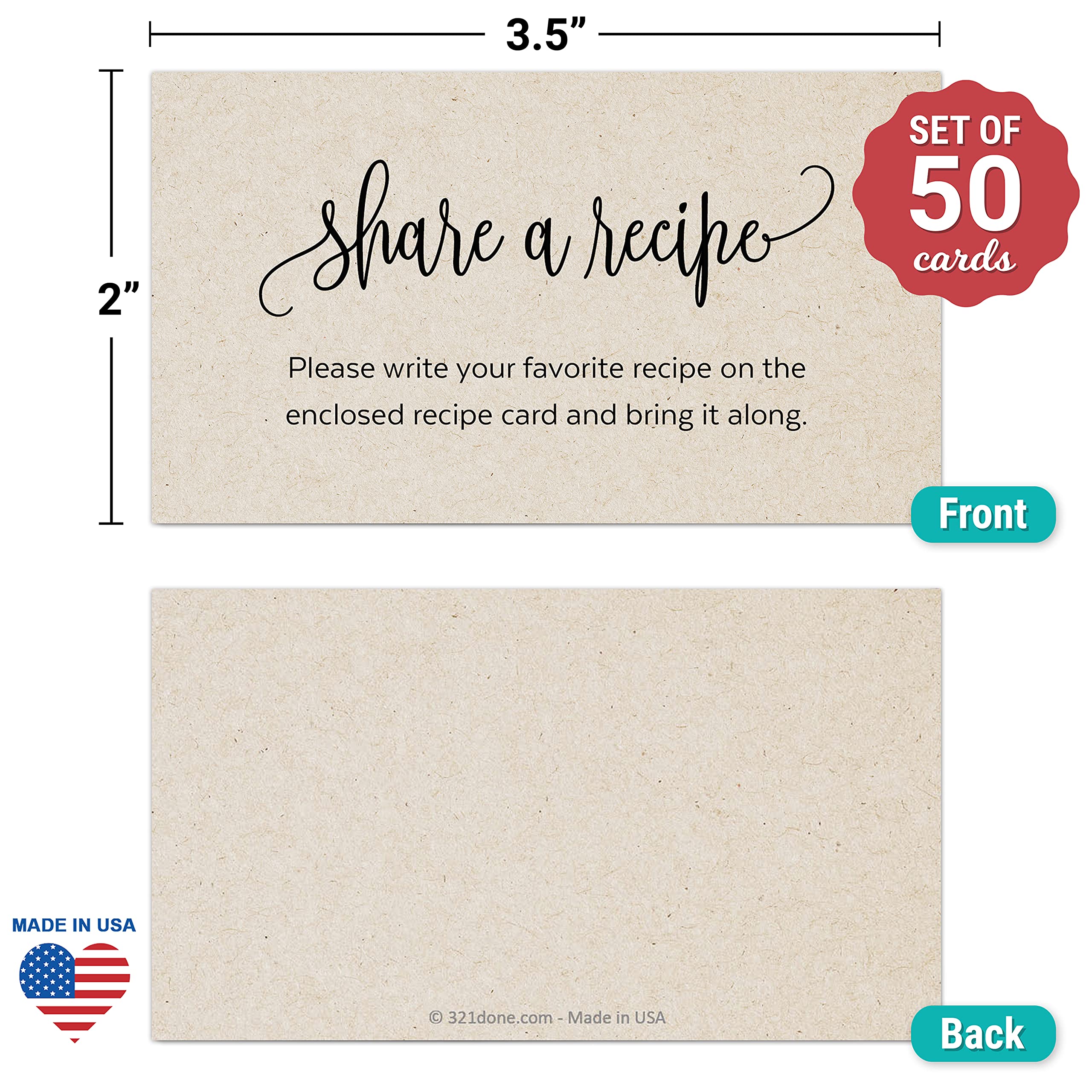 321Done Recipe Request Insert Cards - 3.5x2 Rustic Kraft Recipe Cards for Bridal Showers, Made in USA - Heavy Cardstock with Modern Script - Pack of 50 - Perfect for Wedding Invitations, Recipe Sharing & DIY Craft Projects