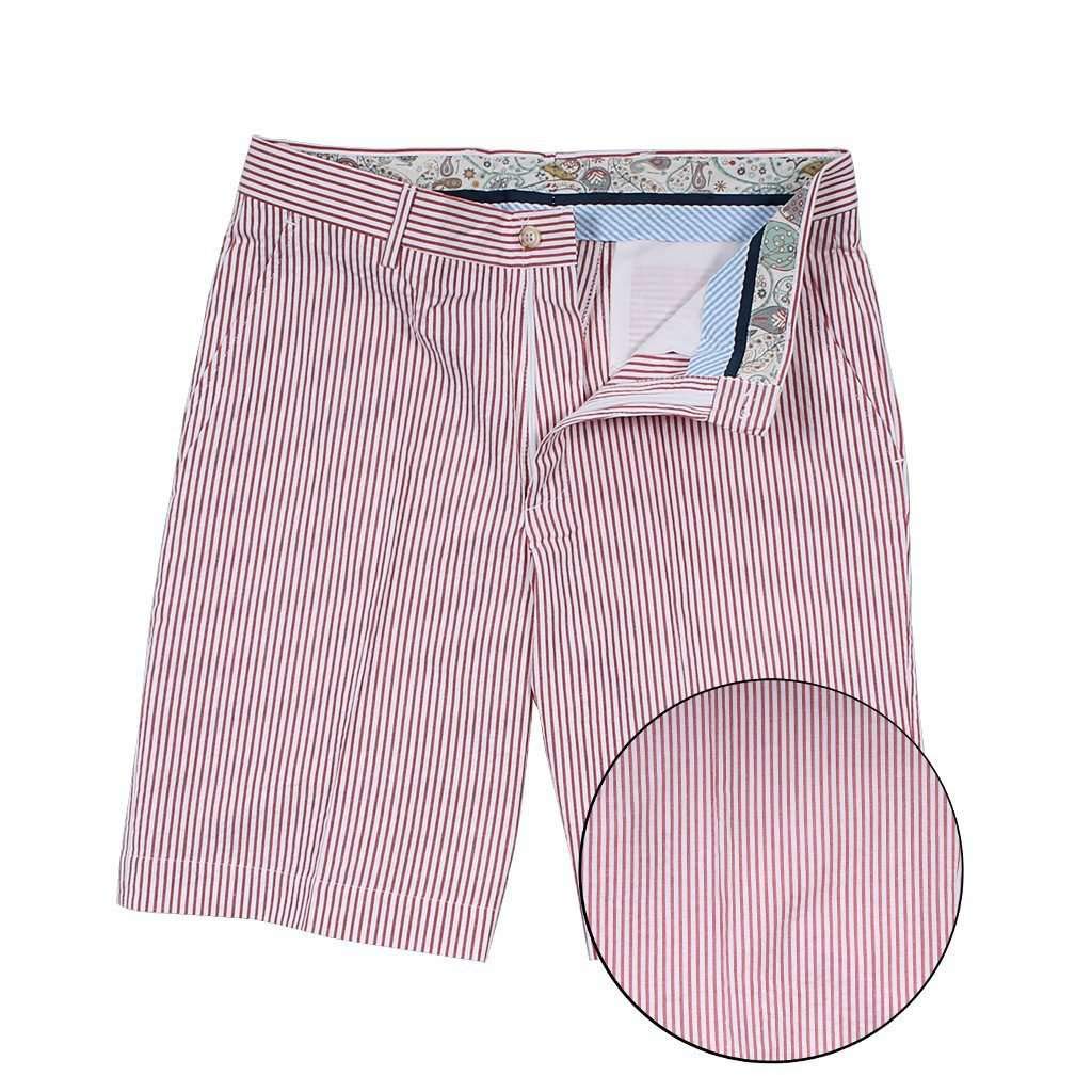 Country Club Prep Red Seersucker Shorts for Men - Classic Cotton Summer Casual Shorts with Elastic Waistband | Perfect for Golf, Beach, Picnics & Preppy Style Outfits
