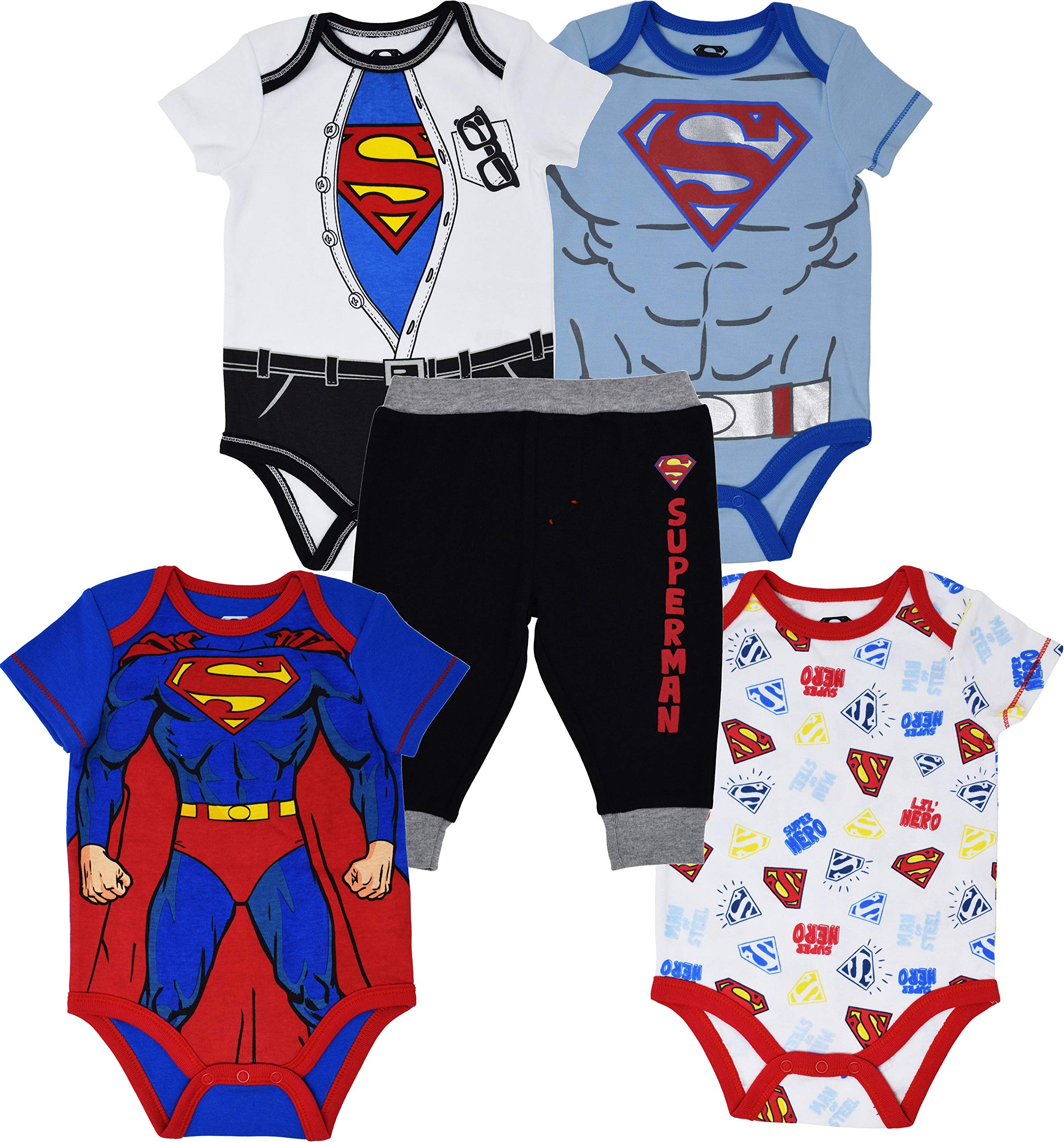 Superman Baby Boys 5-Piece Bodysuit & Pants Set - Soft Cotton Outfit for Newborns & Infants - Perfect for Daily Wear, Playtime & Photo Shoots