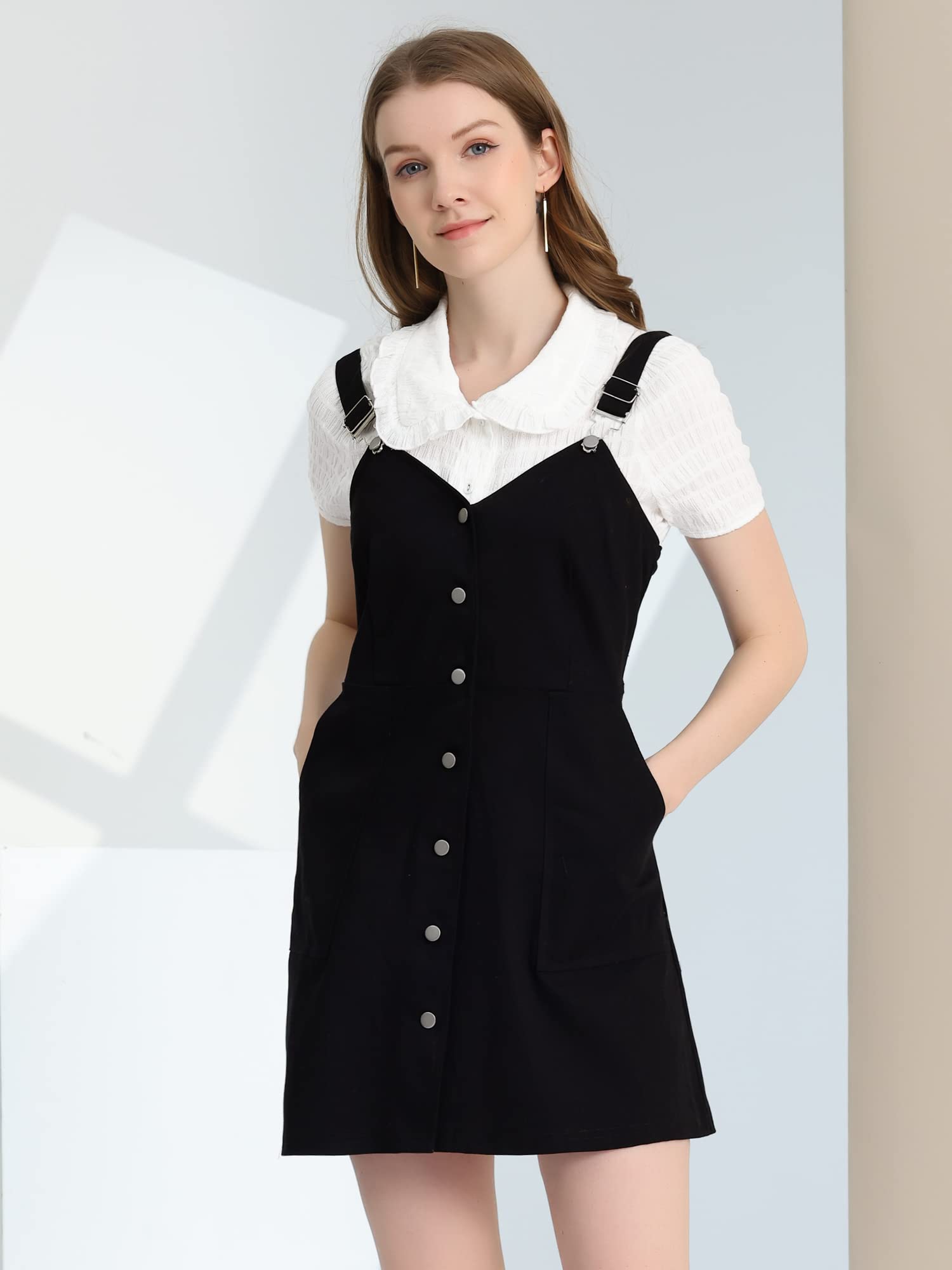 Allegra K Women's Cotton Pinafore Jumper Dress with Adjustable Straps & Pockets | Button Down Denim Overalls for Casual Outings & Workwear