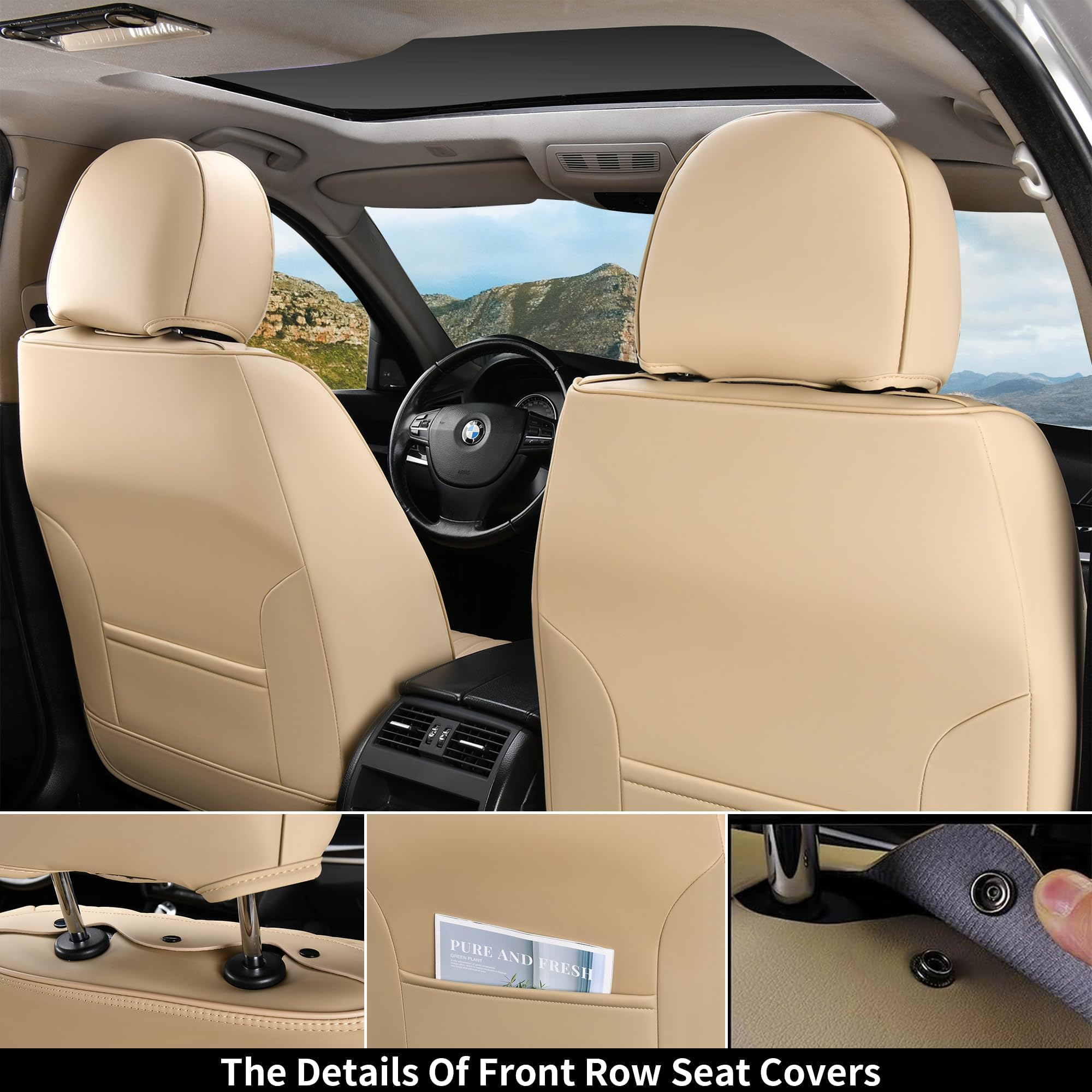 Premium Nappa Leather Car Seat Covers - Waterproof Front & Back Seat Protectors for Cars & Trucks (5-Seat Set, Beige) | Universal Fit for Most Vehicles | Perfect for Daily Commute, Road Trips & Pet Protection