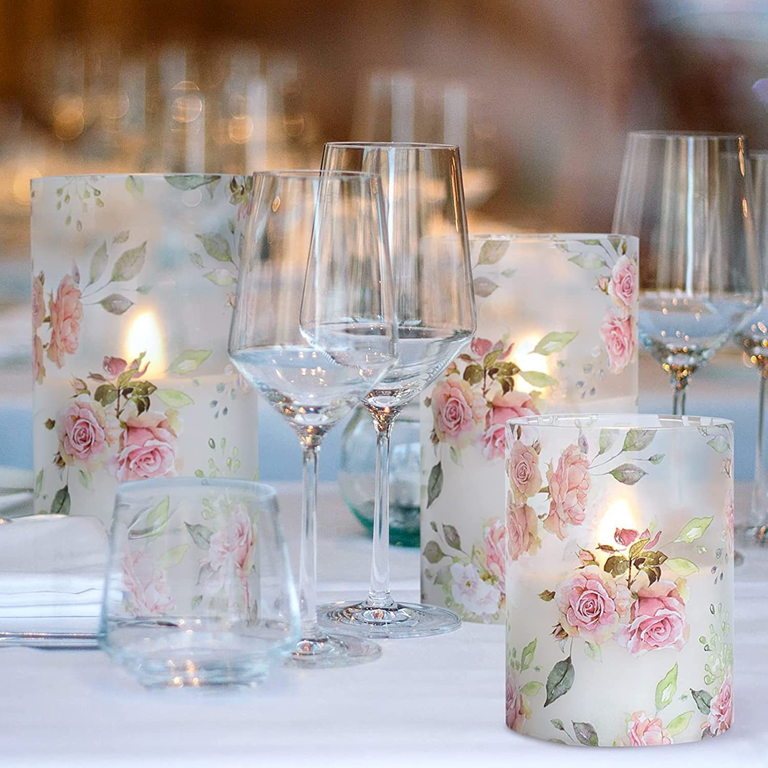 Realistic Pink Rose Flameless LED Candles with Remote - Battery Operated Flickering Glass Pillar Candles for Romantic Bedroom Decor, Wedding Centerpiece & Home Table Decoration