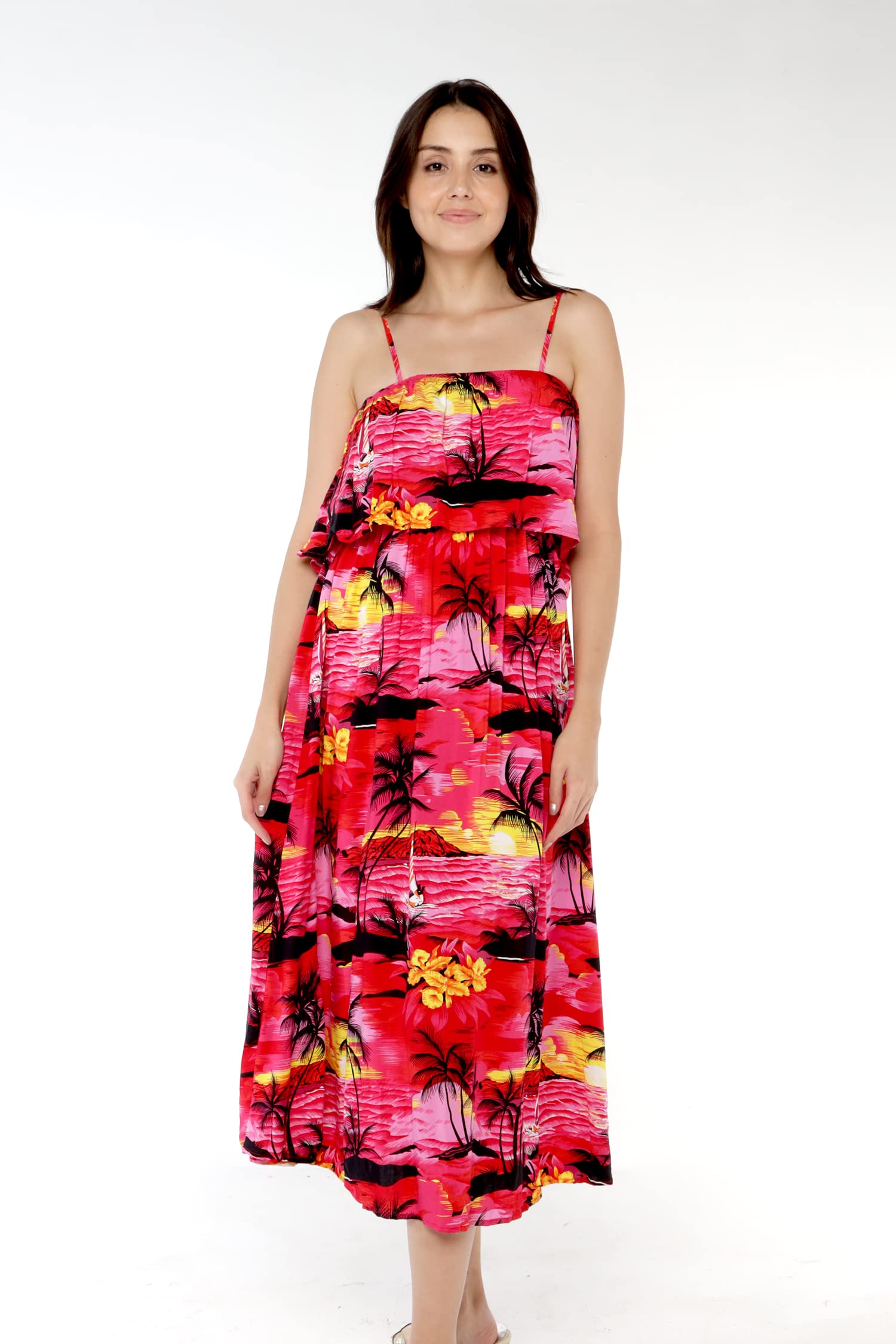 Women's Hawaiian Maxi Dress with Ruffle Hem - Tropical Hibiscus Floral Print - Perfect for Luau Parties, Beach Vacations & Summer Weddings