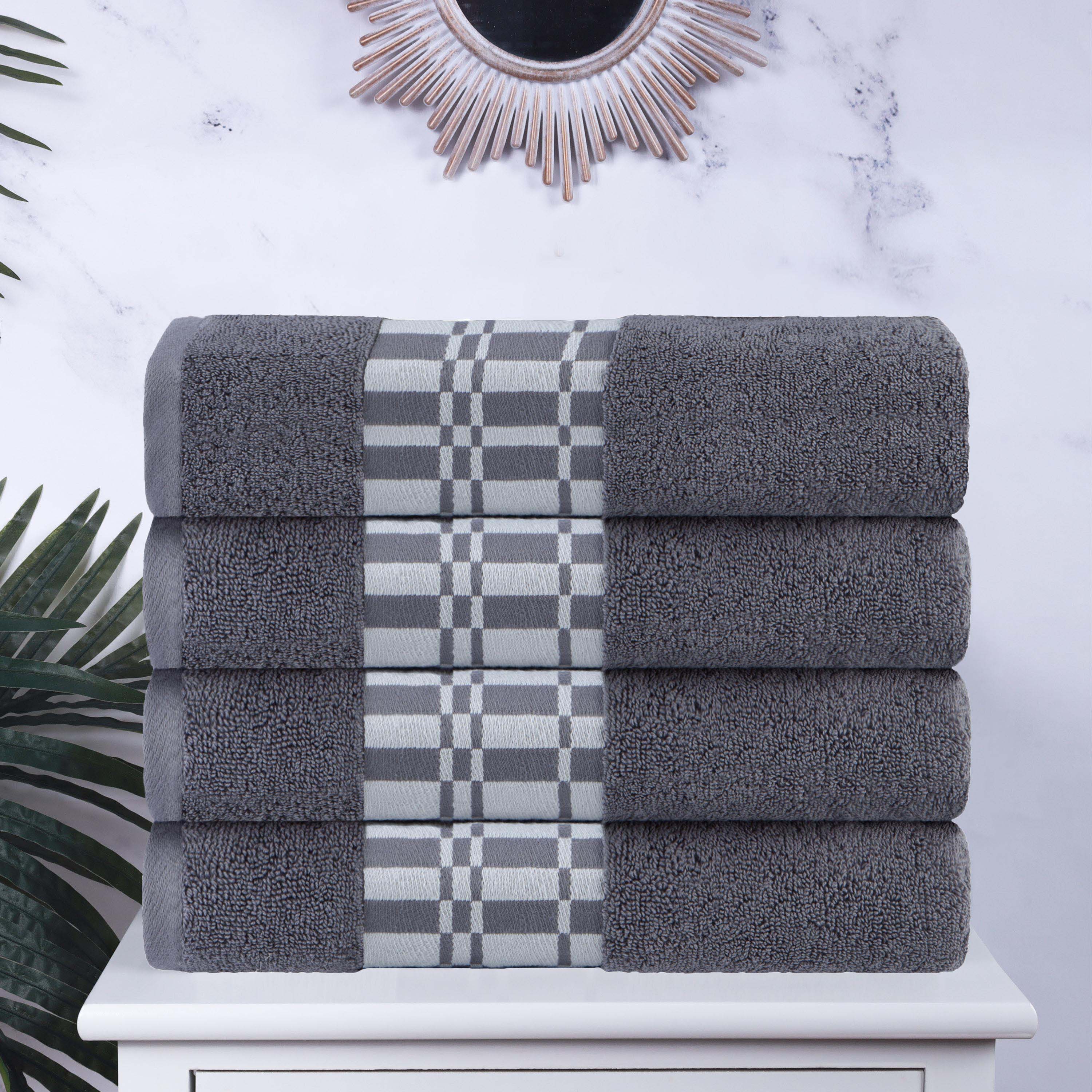 Larissa Cotton Geometric Embroidered Border Bath Towels Set of 4 - Soft Absorbent Quick-Dry Luxury Towels for Spa, Bathroom, Pool & Beach Use