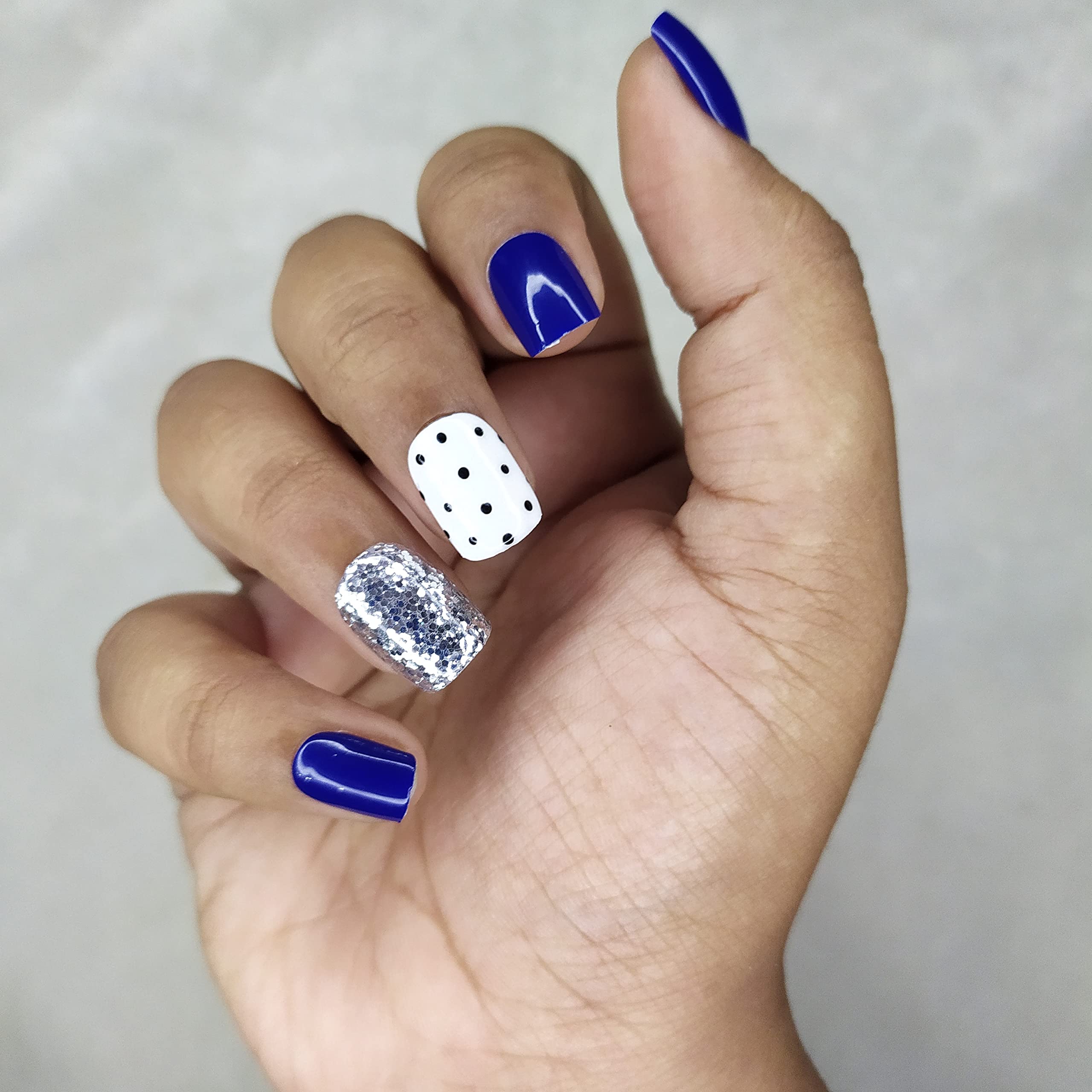 Glossy Blue Black Dots Glitter Press on Fake Nails - Square Artificial Nails with Complete Application Kit (12 Nails) - Perfect for Parties, Weddings & Special Occasions