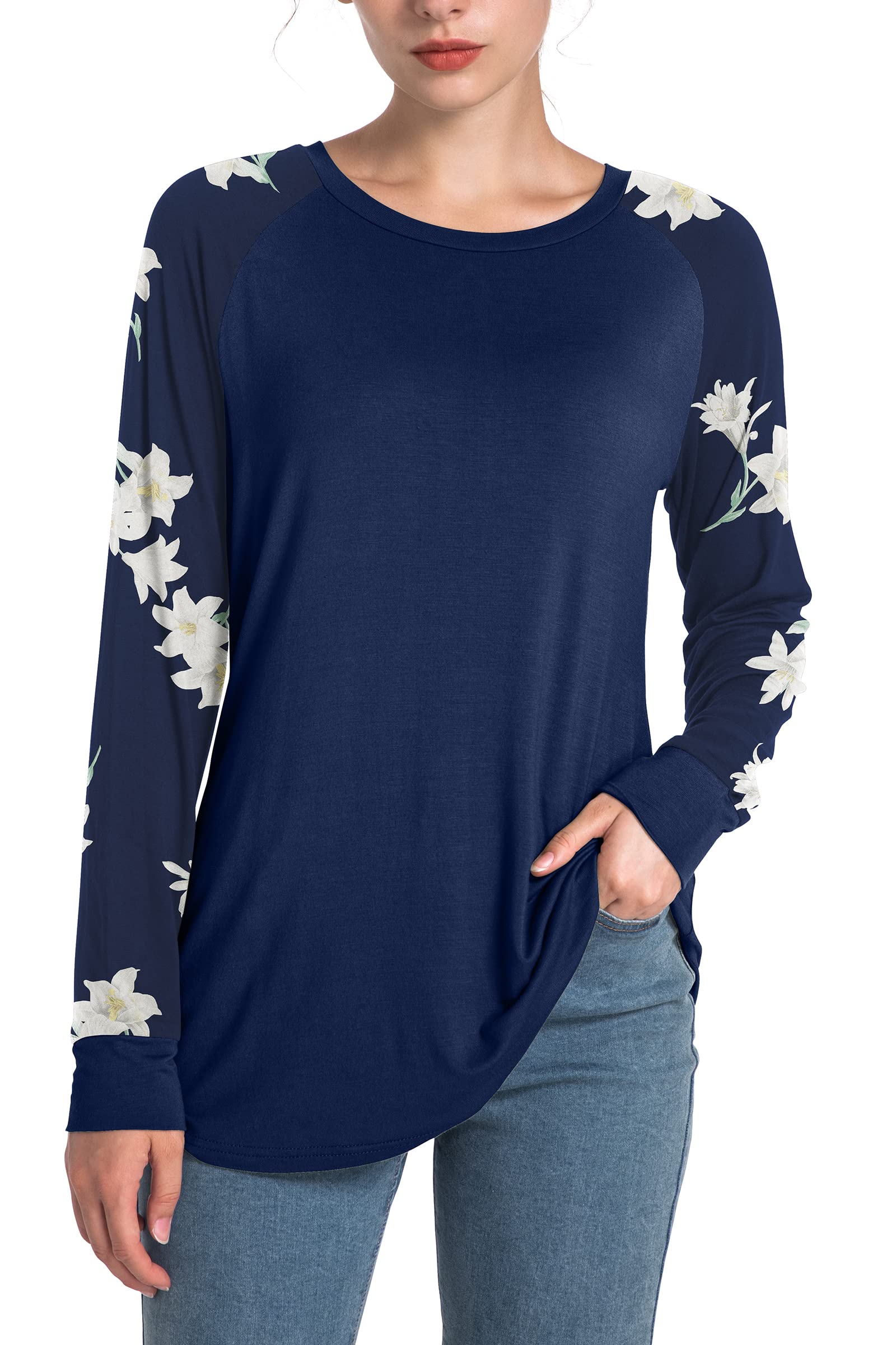AYIFU Women's Casual Floral Print Raglan T-Shirt - Long & Short Sleeve Crew Neck Tunic Top for Everyday Wear, Work & Weekend Outfits