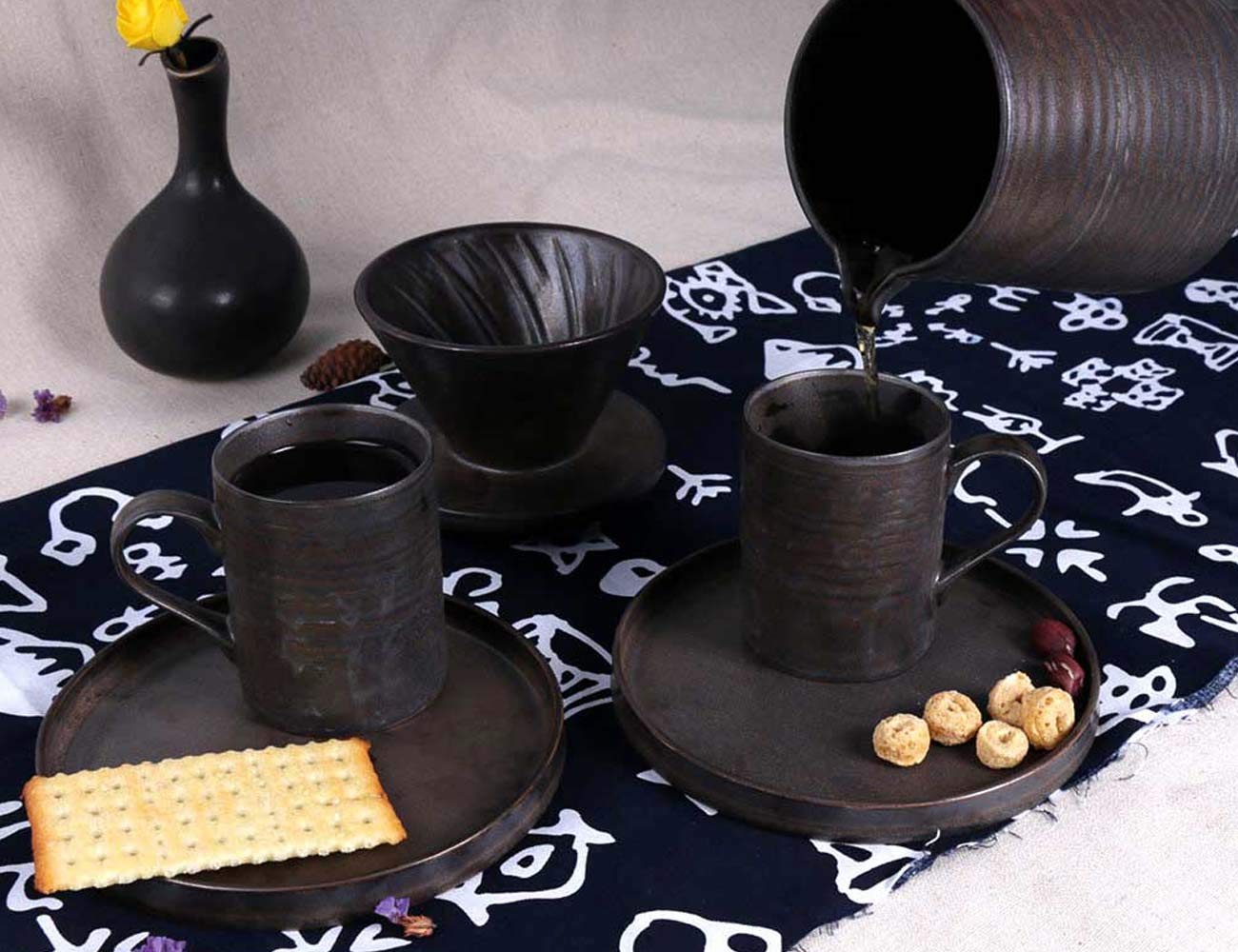 Handmade Stoneware Pour Over Coffee Maker Set with Dripper Cone Filter, 16oz Coffee Decanter & Espresso Cups - Retro Metallic Glazed Annular Veins Design for Home Brewing, Office Use & Gift Giving
