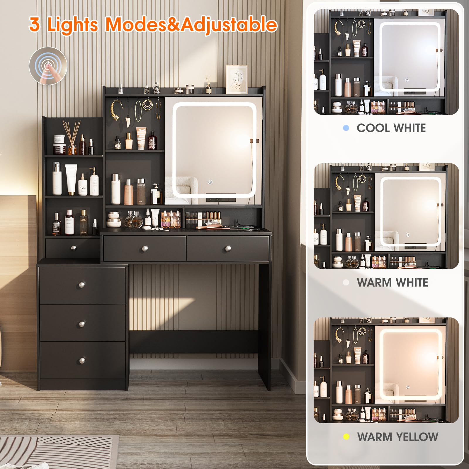 Vabches Vanity Desk with LED Lighted Mirror, 6 Drawers & Shelves, Power Outlet - Makeup Dressing Table for Bedroom (Black, White, Pink) | Perfect for Daily Beauty Routine & Small Space Organization