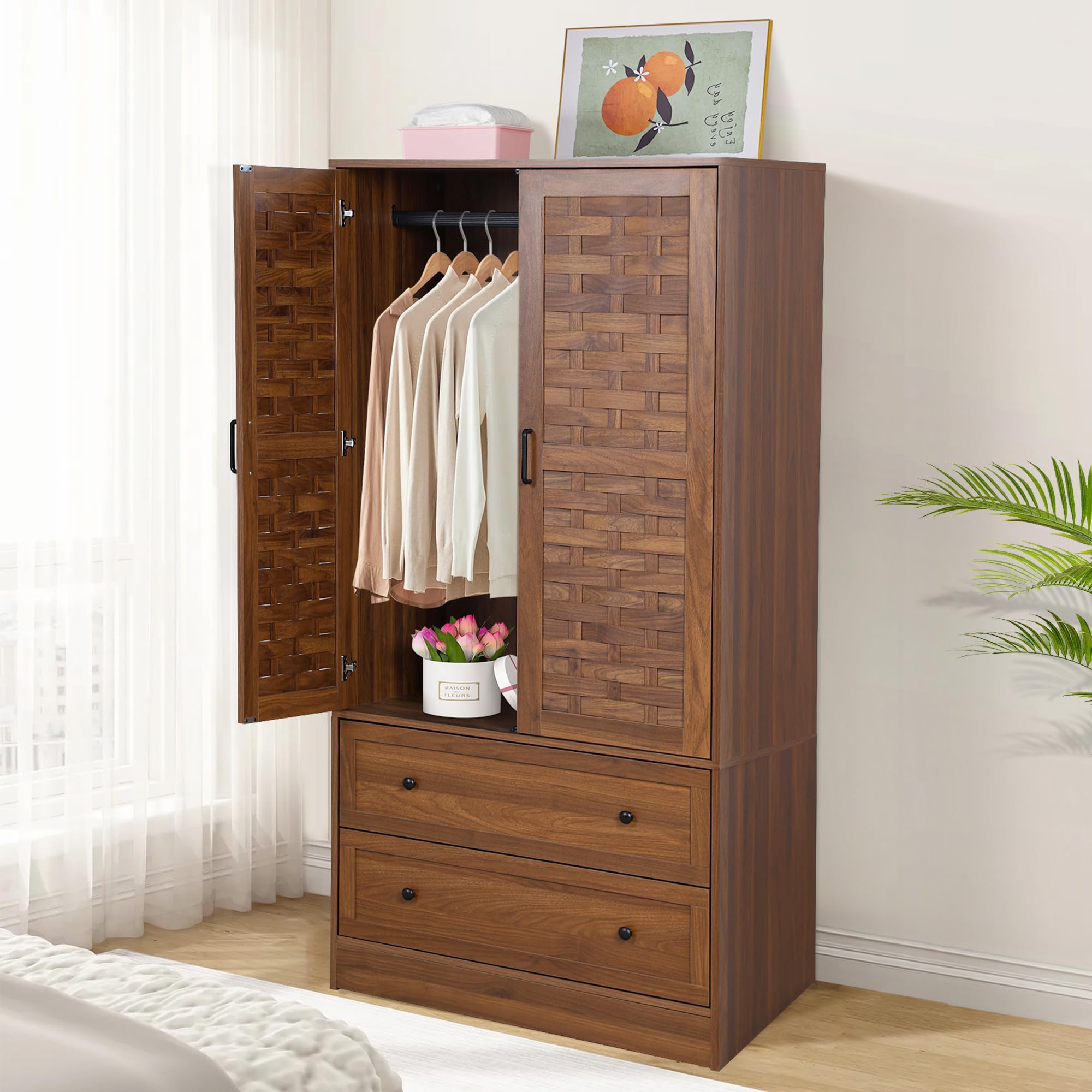 LEVNARY Armoire Wardrobe Closet with 2 Woven Doors, Storage Drawers & Hanging Rail - Freestanding Closet Organizer for Bedroom, Living Room or Dorm (Walnut Finish) - Perfect for Clothes, Shoes & Accessories Storage
