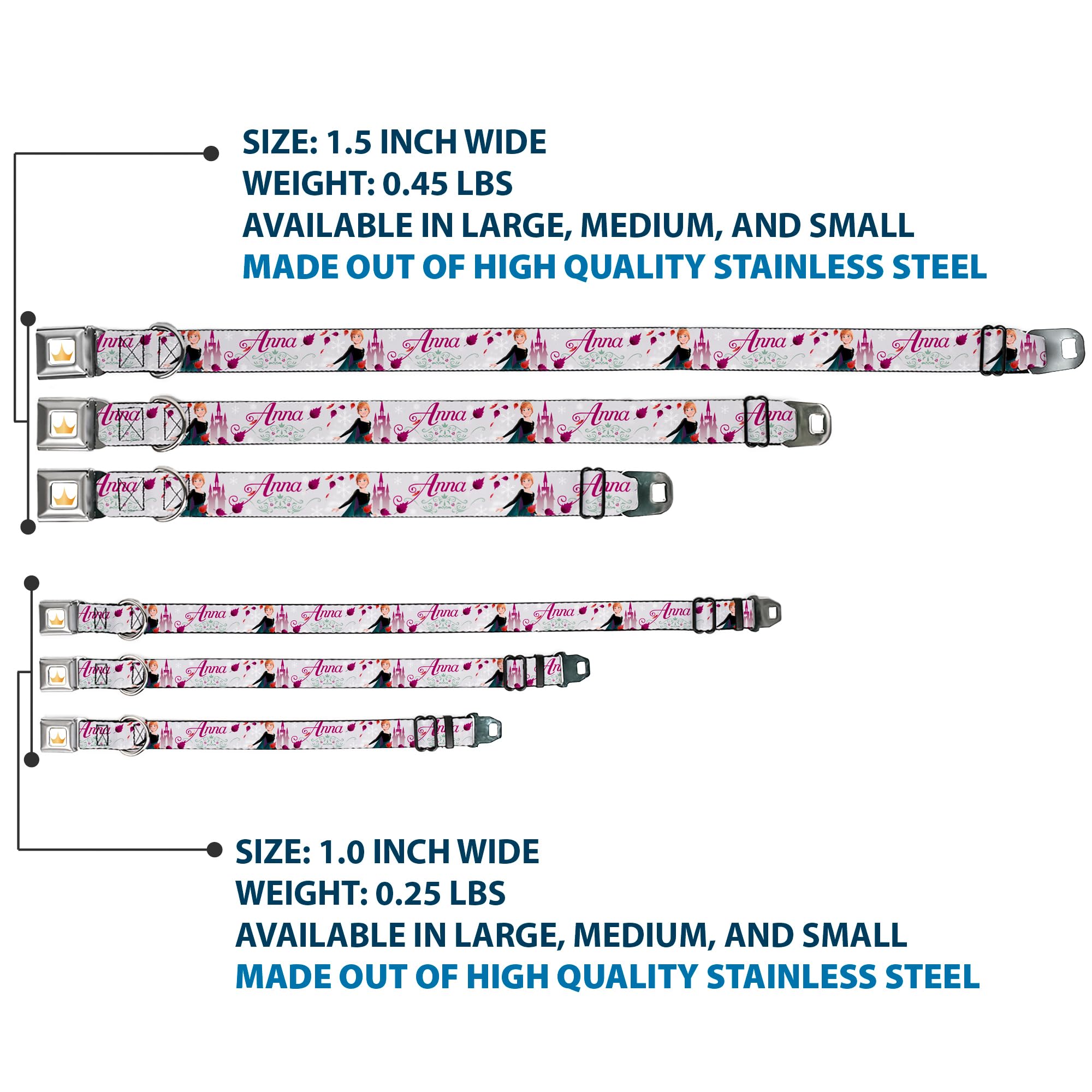 Frozen Anna Dog Collar with Seatbelt Buckle - Floral Design & Script in Gray & Pink - Adjustable 9.5 to 13 Inches, 1.0 Inch Wide - Perfect for Disney Costumes, Cosplay & Pet Safety in Cars