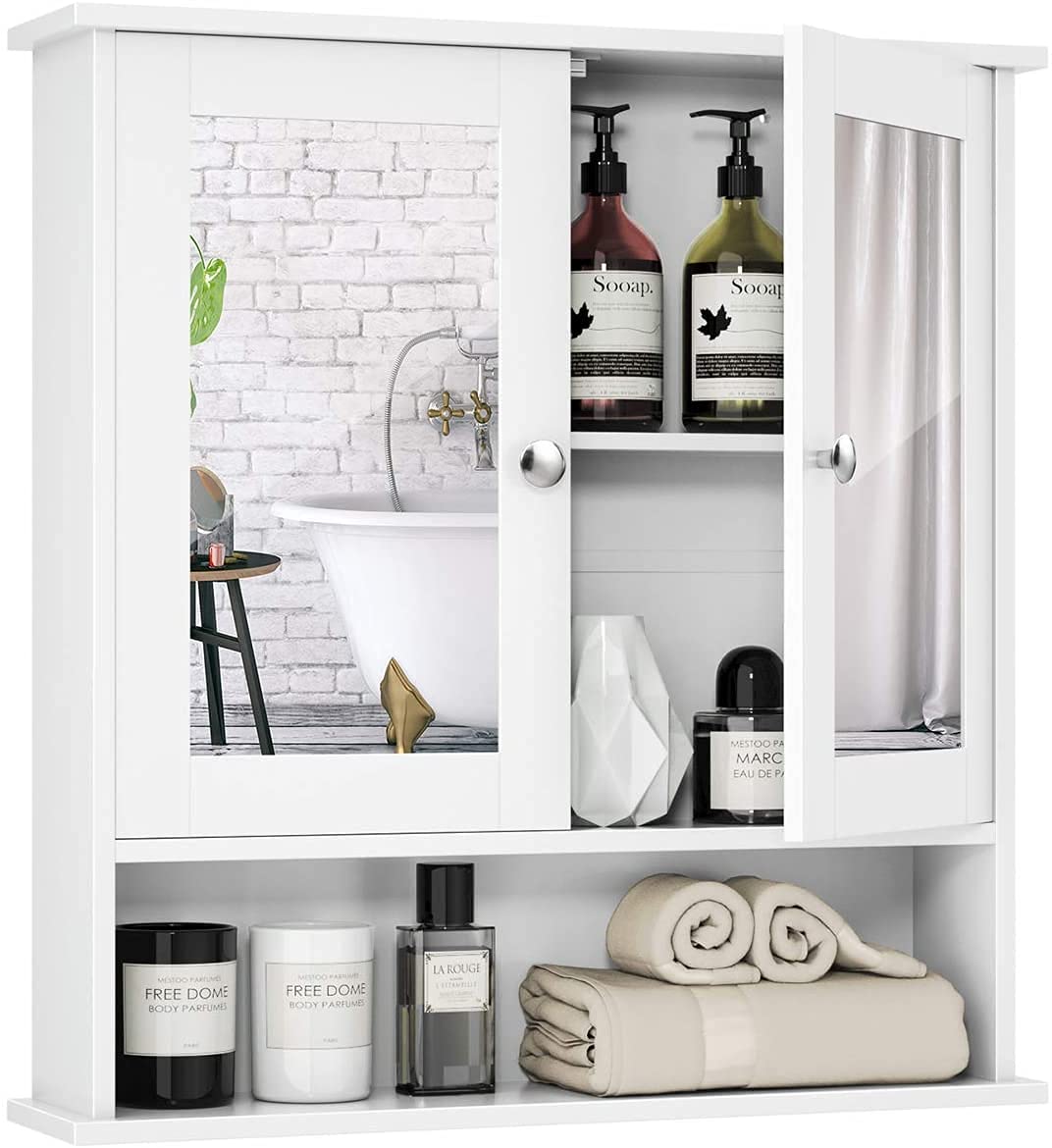 White Wooden Wall Mounted Bathroom Cabinet with Double Mirror Doors & Shelves - Space Saving Storage for Bathroom Essentials, Makeup, and Toiletries