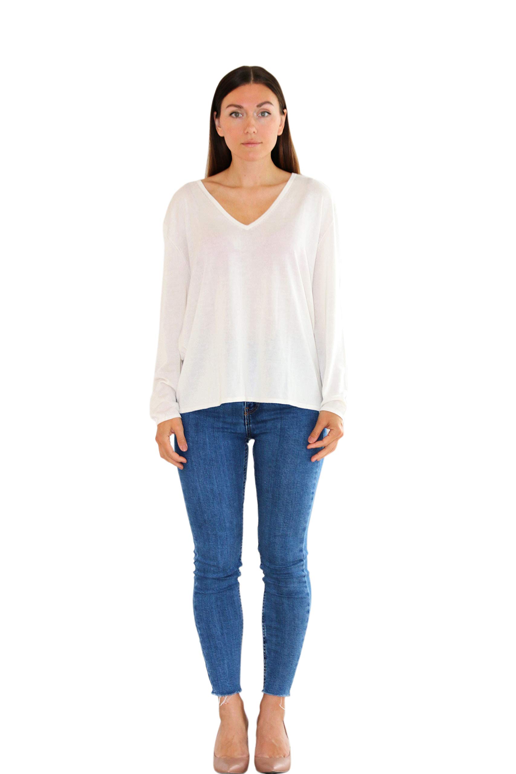 Women's Loose V-Neck T-Shirt - Soft Oversized White Cotton Top for Casual Wear & Layering | Perfect for Everyday Outfits, Lounge & Street Style