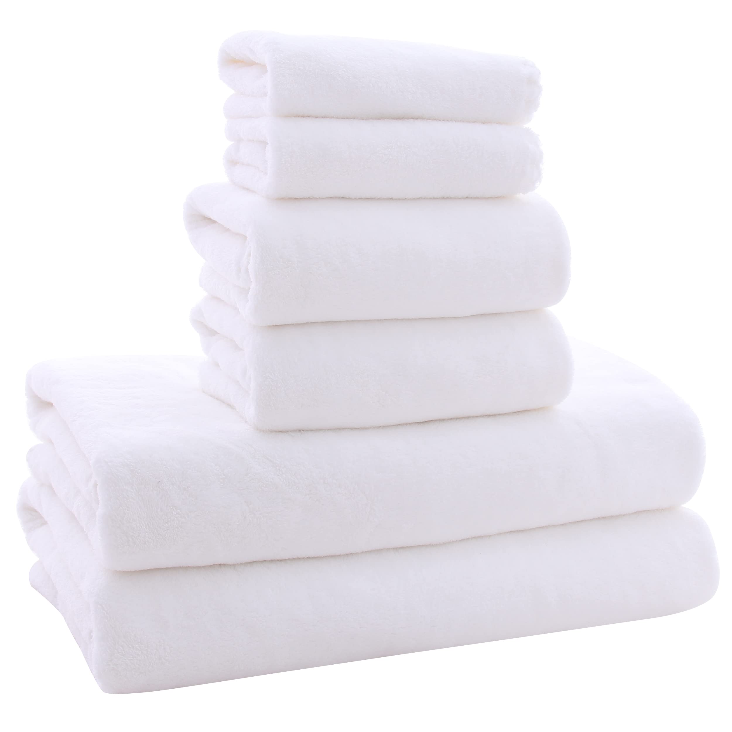 MOONQUEEN Ultra Soft Microfiber Coral Velvet Towel Set - 6 Piece Quick Dry Highly Absorbent Bath & Hand Towels with Washcloths - Perfect for Gym, Yoga, Travel, Spa & Home Use (White)