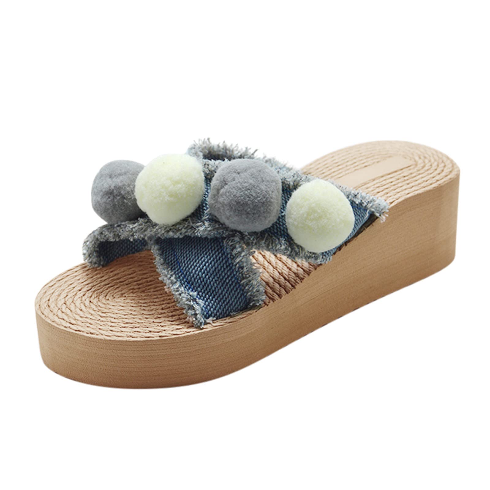 Women's Denim Wedge Sandals Size 11 - Summer Beach Slides with Tassel Detail & Linen Comfort | Casual Fashion Footwear for Vacation, Poolside, and Outdoor Relaxation