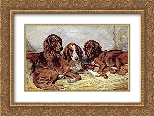 Emms John 18x15 Gold Ornate Framed Double Matted Museum Art Print - Shot and His Friends: Three Irish Red & White Setters Dog Painting - Perfect for Living Room, Bedroom & Office Wall Decor