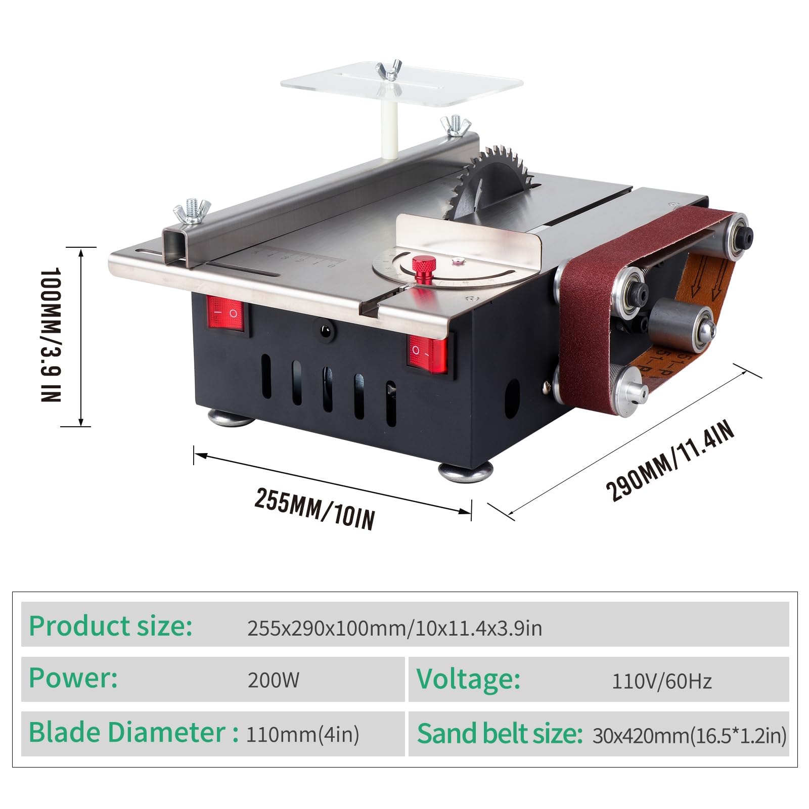 Mini Table Saw with 4 Blades & Belt Sander - Portable Multi-Functional Cutting & Sanding Machine for Wood, Metal, PCB, Acrylic & Plastic | Includes 10 Sanding Belts | Perfect for DIY Projects, Woodworking & Crafting (VGJ-2)