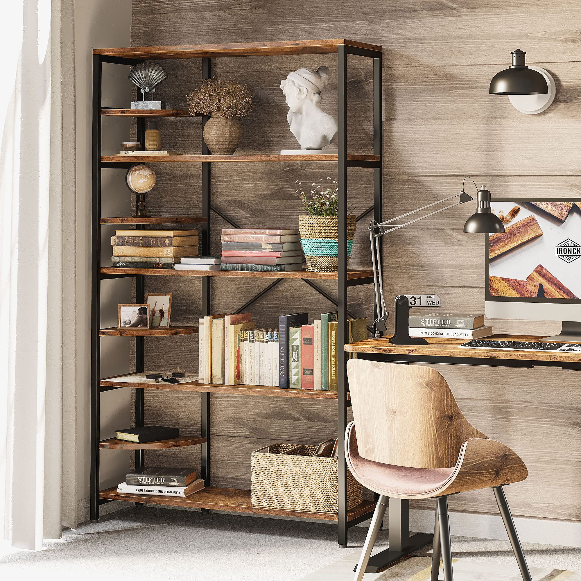 IRONCK 8-Tier Rustic Industrial Bookcase & Corner Ladder Shelf - Sturdy Storage Rack for Books, Plants & Decor - Perfect for Living Room, Home Office & Kitchen Organization