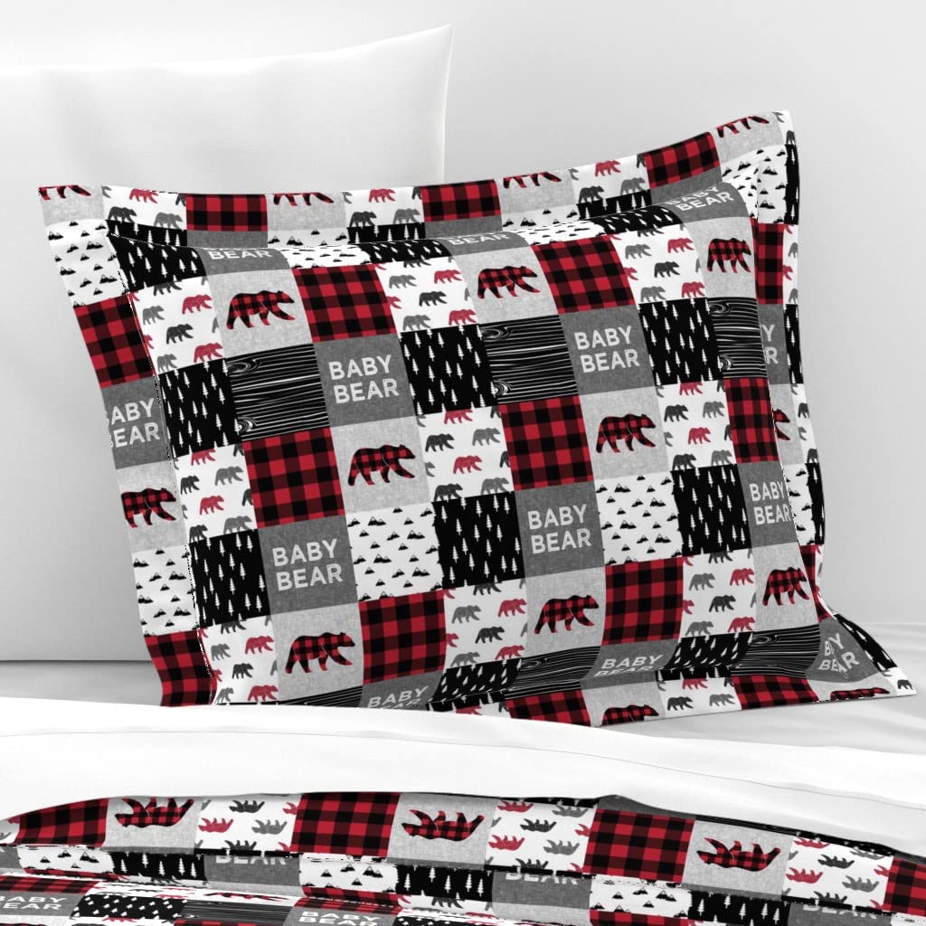 Cotton Sateen Flanged Edge Pillow Sham - Standard Size with Baby Bear Patchwork & Buffalo Plaid Design | Woodland Nursery Decor | Custom Printed Bedding by Spoonflower | Perfect for Kids' Rooms, Baby Showers & Cozy Bedroom Makeovers