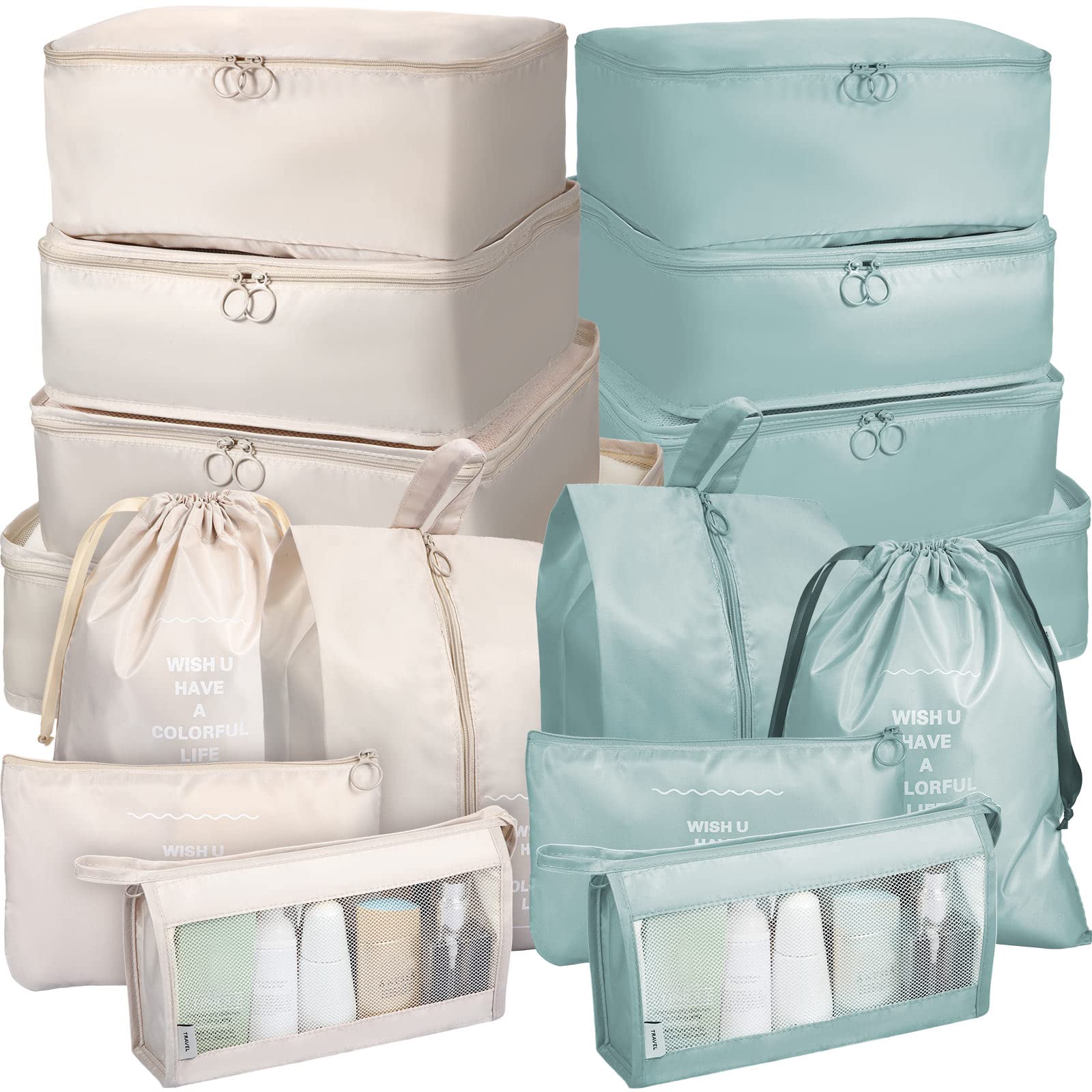 16-Piece Packing Cubes Set - Beige & Blue Luggage Organizers with Toiletry Bag & Shoe Bag | Travel Essentials for Suitcase Organization | Perfect for Business Trips, Vacations & Weekend Getaways