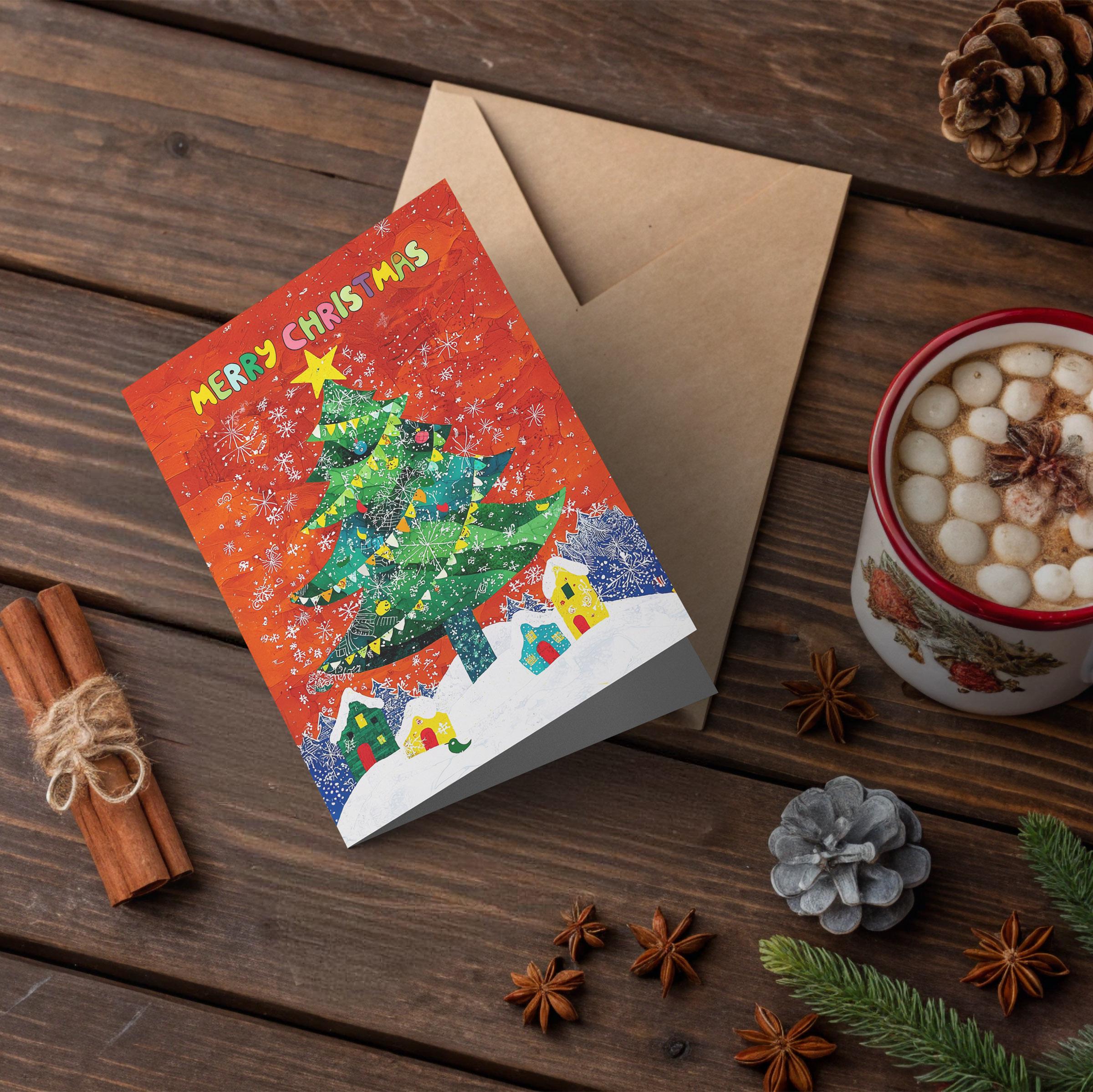 Whimsical Christmas Tree Holiday Card with Vibrant Winter Village Art Print - Perfect for Festive Greetings, Holiday Decor & Gift Giving