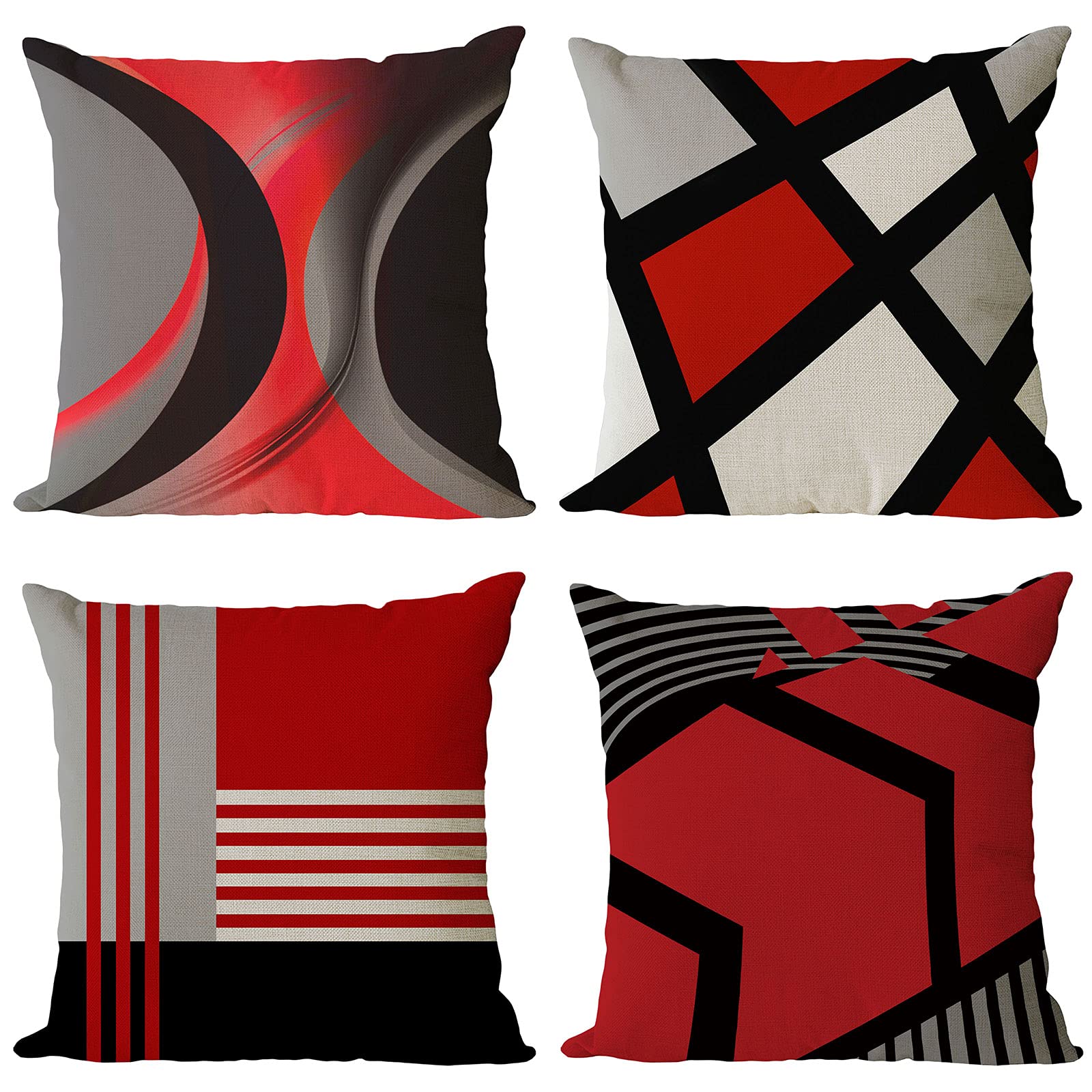 YeeJu 24x24 Inch Geometric Throw Pillow Covers Set of 4 - Striped Decorative Square Cushion Covers in Red, Black & Gray - Soft Cotton Linen Blend for Sofa, Couch, Bedroom & Outdoor Decor - Perfect for Living Room, Patio & Home Styling