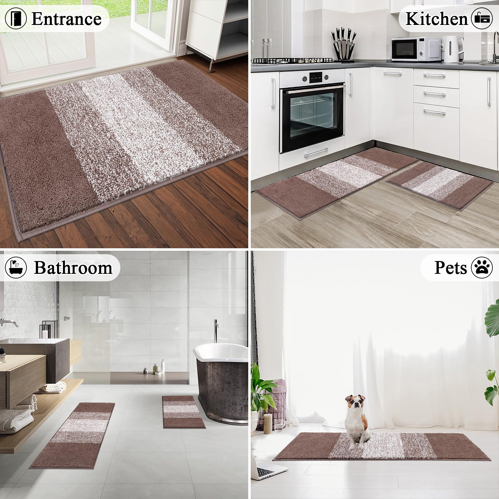 Luxury Soft Bathroom Rugs Set of 2 - Non-Slip Washable Plush Microfiber Bath Mats, Super Absorbent Shaggy Striped Carpet for Tub, Shower & Bathroom (18