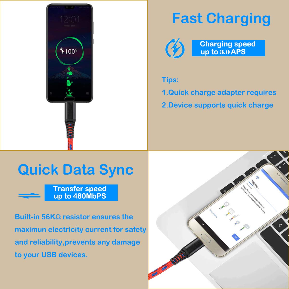 2-Pack 10ft USB Type C Fast Charging Cable - Quick Charge 3.0 Compatible with Samsung Galaxy S20/S10/S9/A71/A51/A31/A11, Kindle Fire 10, Xbox Series S, Xiaomi Redmi 10 - Perfect for Home, Office & Travel Charging