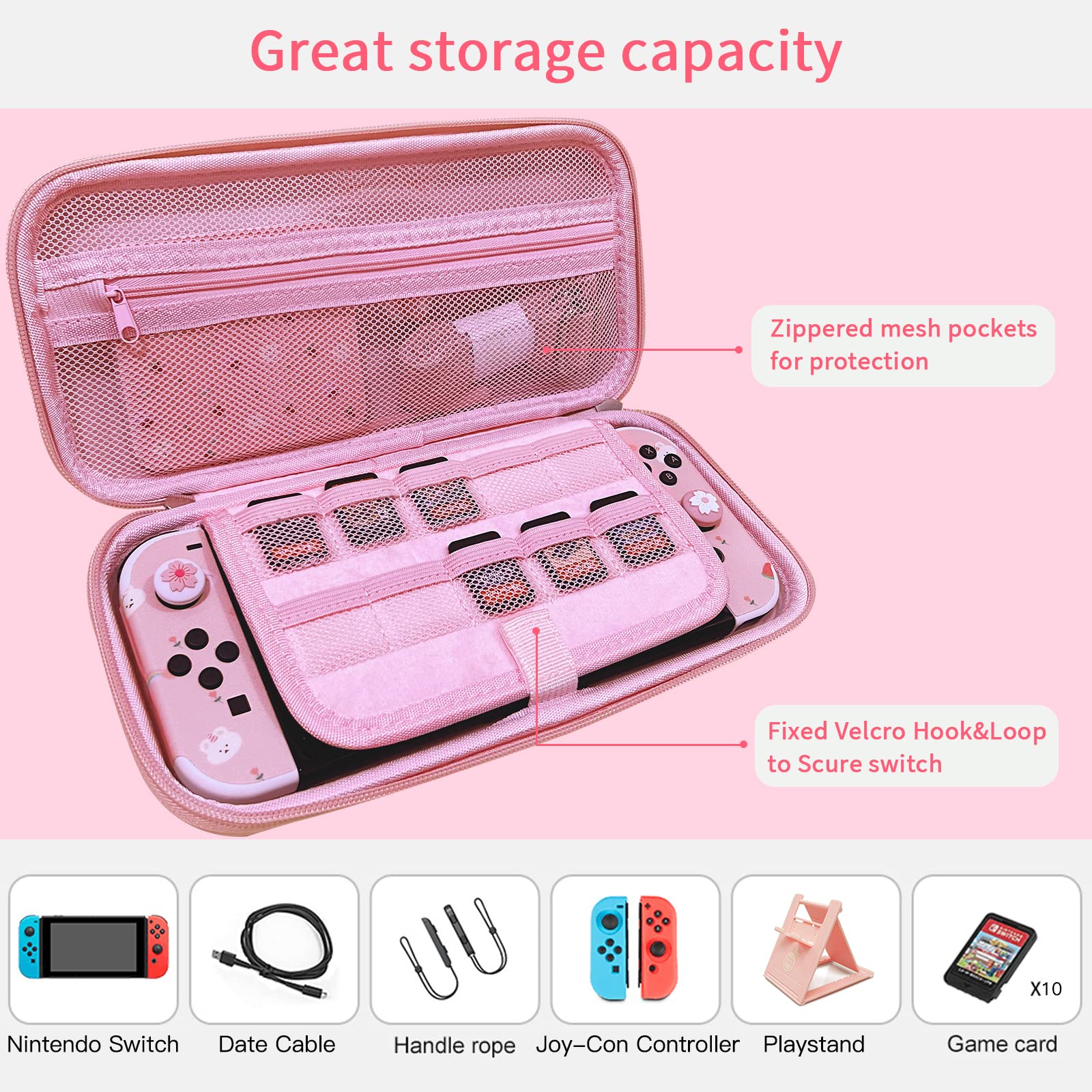 Pink Nintendo Switch OLED Case 2021 - Sakura Design Hard Shell Protective Cover with HD Screen Protector & 4 Thumb Grips | Shockproof Portable Storage for Travel & Gaming Accessories