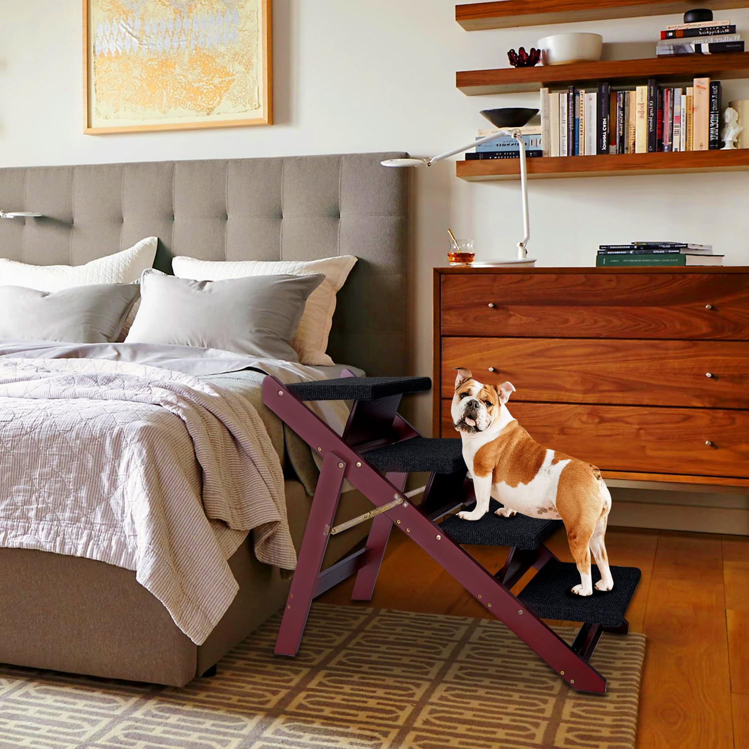 BRIKY Foldable 4-Step Wooden Pet Stairs for Dogs & Cats - Non-Slip Dog Steps for High Beds, Couches & Cars - No Assembly Required - Perfect for Small, Medium & Large Pets (Use for Bed Access, Car Entry & Sofa Climbing)
