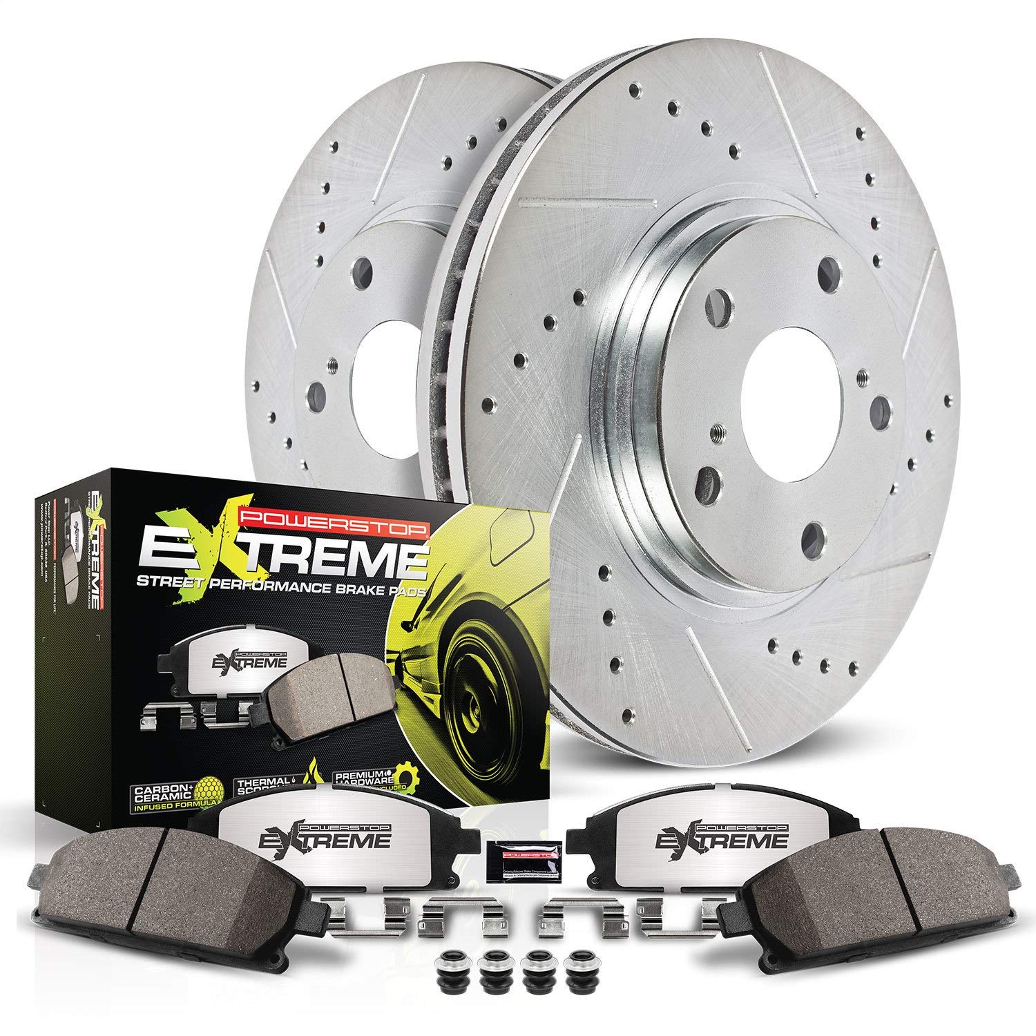 Power Stop K5729-26 Rear Z26 Carbon Fiber Brake Pads Kit with Drilled & Slotted Brake Rotors - High Performance Braking System for Cars, Trucks & SUVs - Perfect for Daily Driving, Racing & Off-Road Use