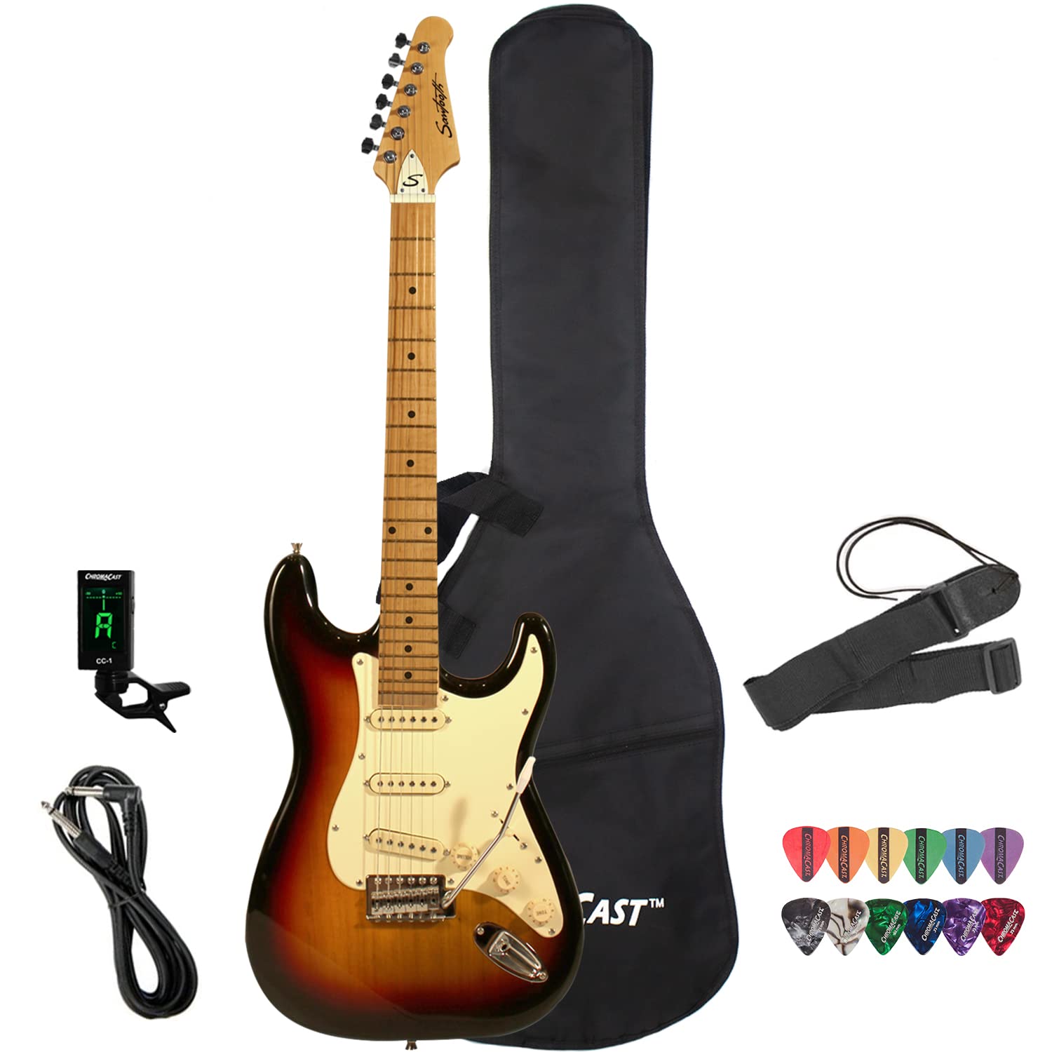 Vintage Style Sawtooth Sunburst Electric Guitar with White Pickguard - Includes Gig Bag, Accessories & Free Lessons - Perfect for Beginners, Live Performances & Home Practice