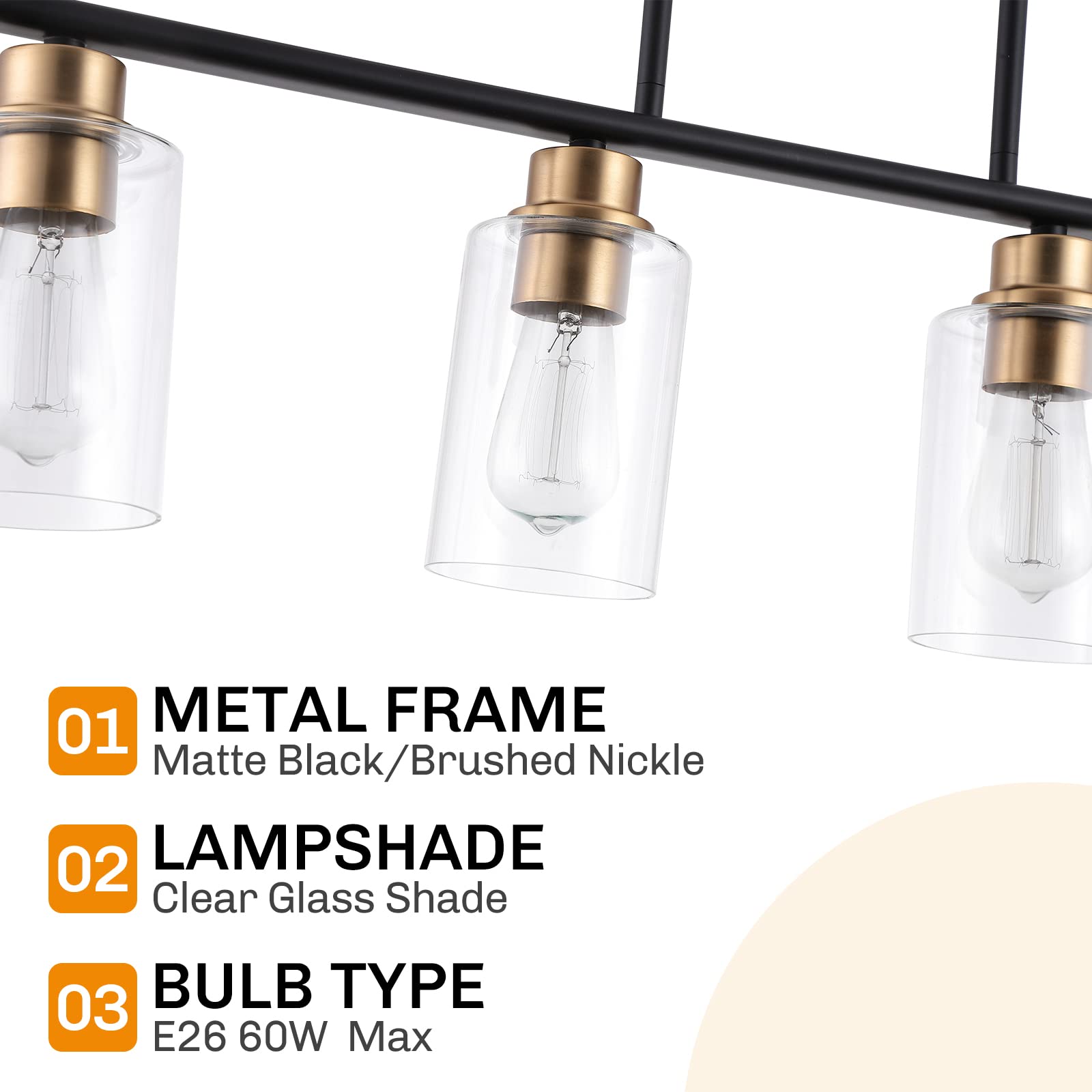 5-Light Farmhouse Industrial Pendant Lighting for Kitchen Island - Matte Black & Gold with Clear Glass Shade - Perfect for Dining Room, Living Room & Kitchen Decor