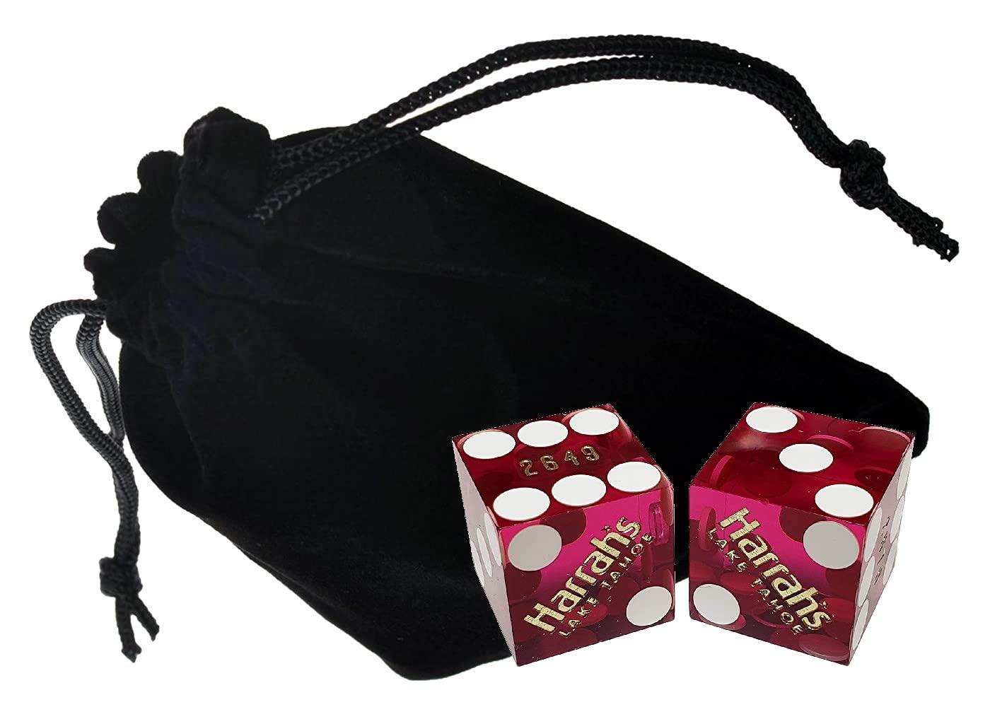 Authentic Harrah's Lake Tahoe Casino Dice Set - Purple Polished Dice with Pouch & 36