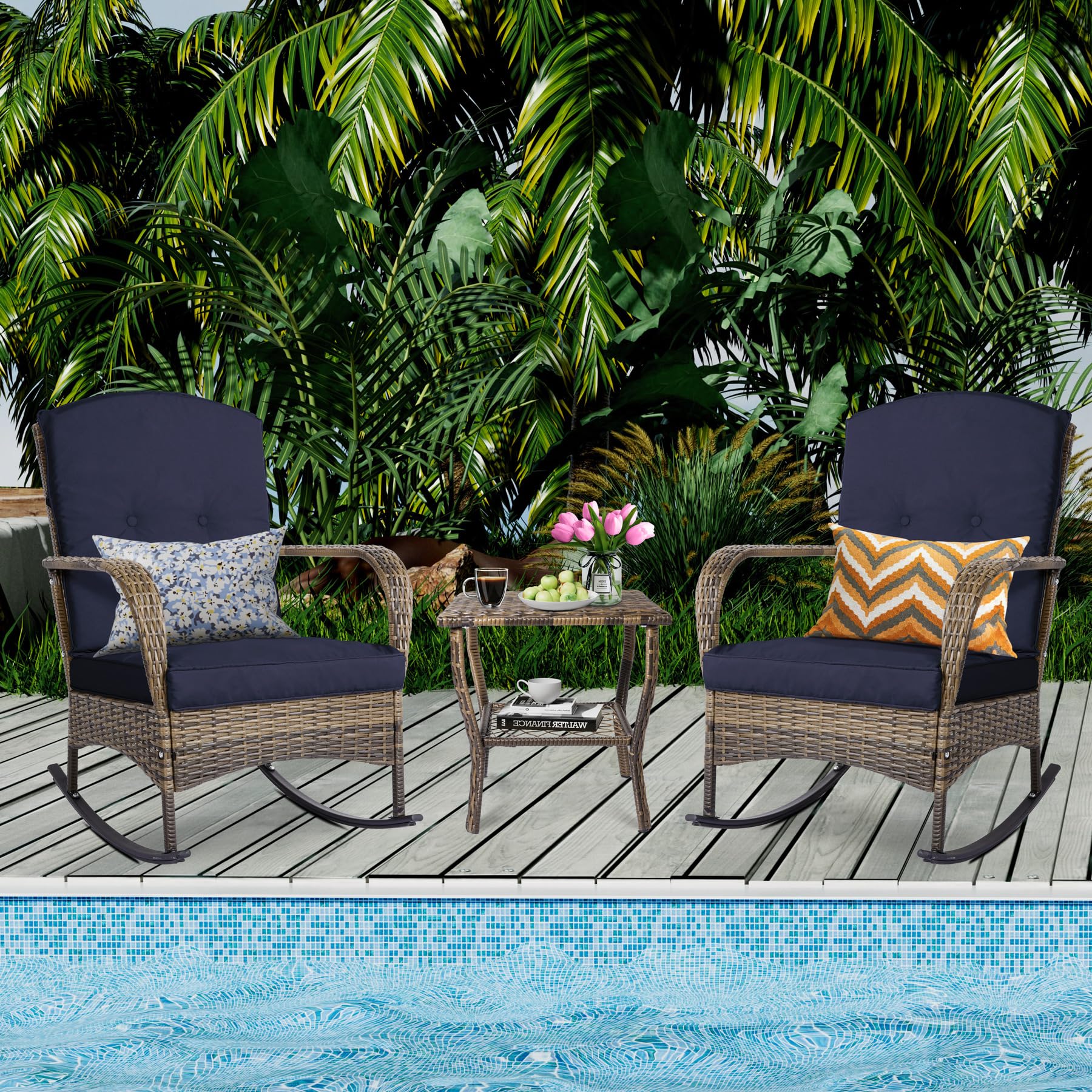 3-Piece Outdoor Patio Furniture Set with 2 Wicker Rocking Chairs, Glass Coffee Table & Cushions - Blue Bistro Conversation Set for Garden, Porch, Backyard | Perfect for Relaxing, Entertaining & Outdoor Dining