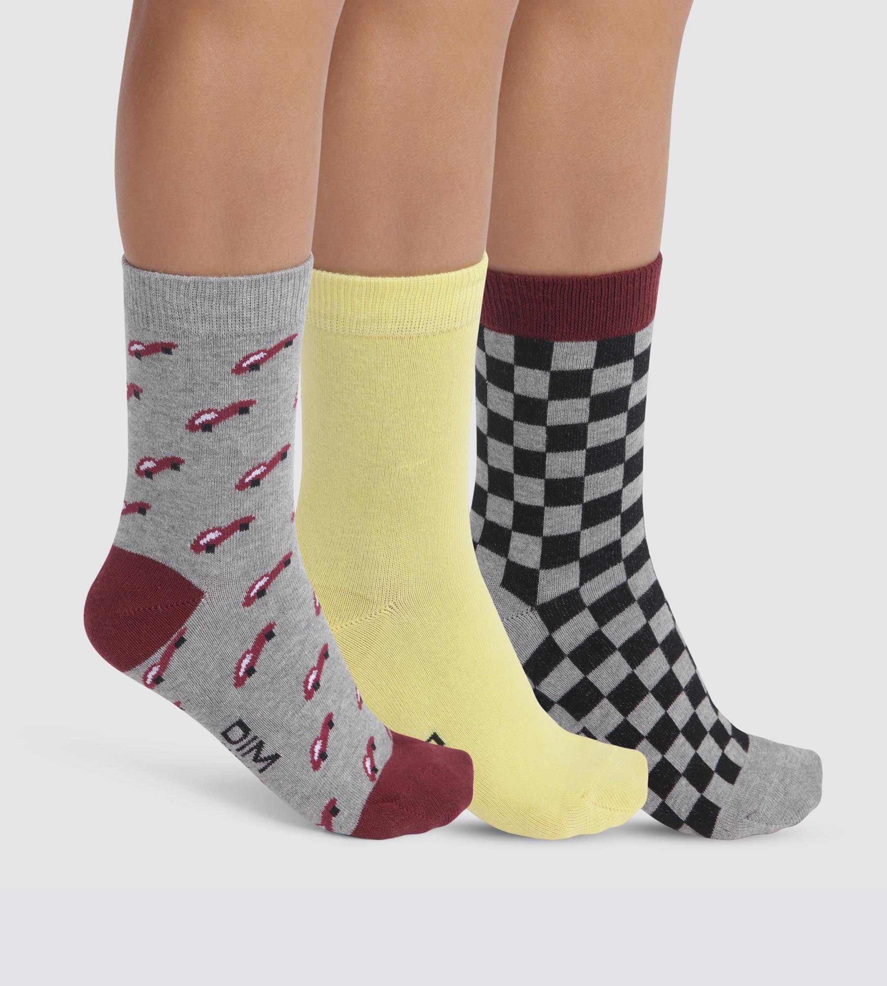 3-Pack Kids Checkered Socks - Grey & Yellow Cotton Crew Socks for Boys & Girls - Soft Breathable Everyday Socks for School, Sports & Play