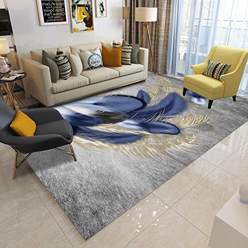 Wusan Blue Bird Feather with Gold Rug - 35x24 Inch Modern Artistic Area Carpet for Living Room, Bedroom, Home Decor | Soft Floor Mat for Girls & Women | Perfect for Boho Chic, Nursery, or Cozy Reading Nook