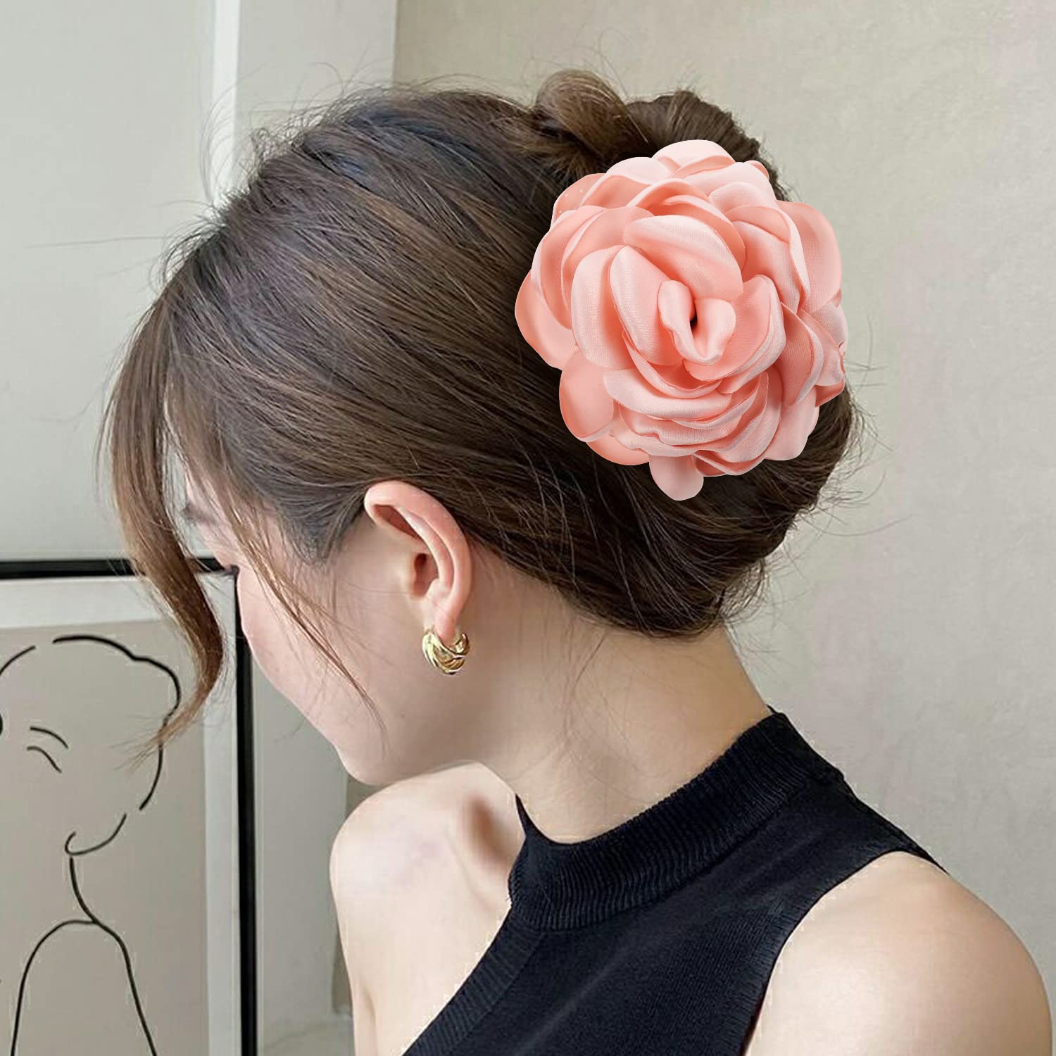 4 Pack Large Black & Burgundy Red Butterfly Octopus Korean Ribbon Silk Chiffon Rose Hair Claw Clips - Floral Jaw Barrettes for Women & Girls, Perfect for Weddings, Parties & Everyday Hairstyles