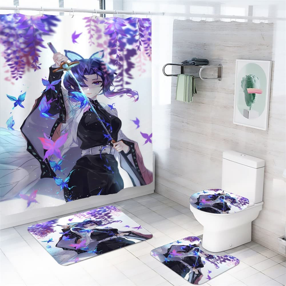 Demon Slayer Anime Shower Curtain Set - 4-Piece Bathroom Decor with Non-Slip Rug & 12 Hooks, 71x71 Inch Fabric Shower Curtain (Color C) - Perfect for Anime Fans' Bathroom, Kids' Room, or Themed Gift