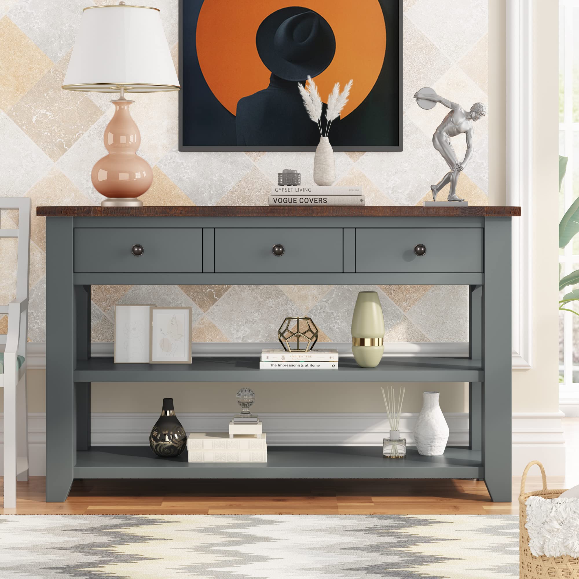 Modern Wooden Console Table with 3 Drawers & 2 Shelves - Entryway Sofa Table, Hallway Sideboard, Living Room Buffet Cabinet - Perfect for Small Spaces & Home Decor (Gray)