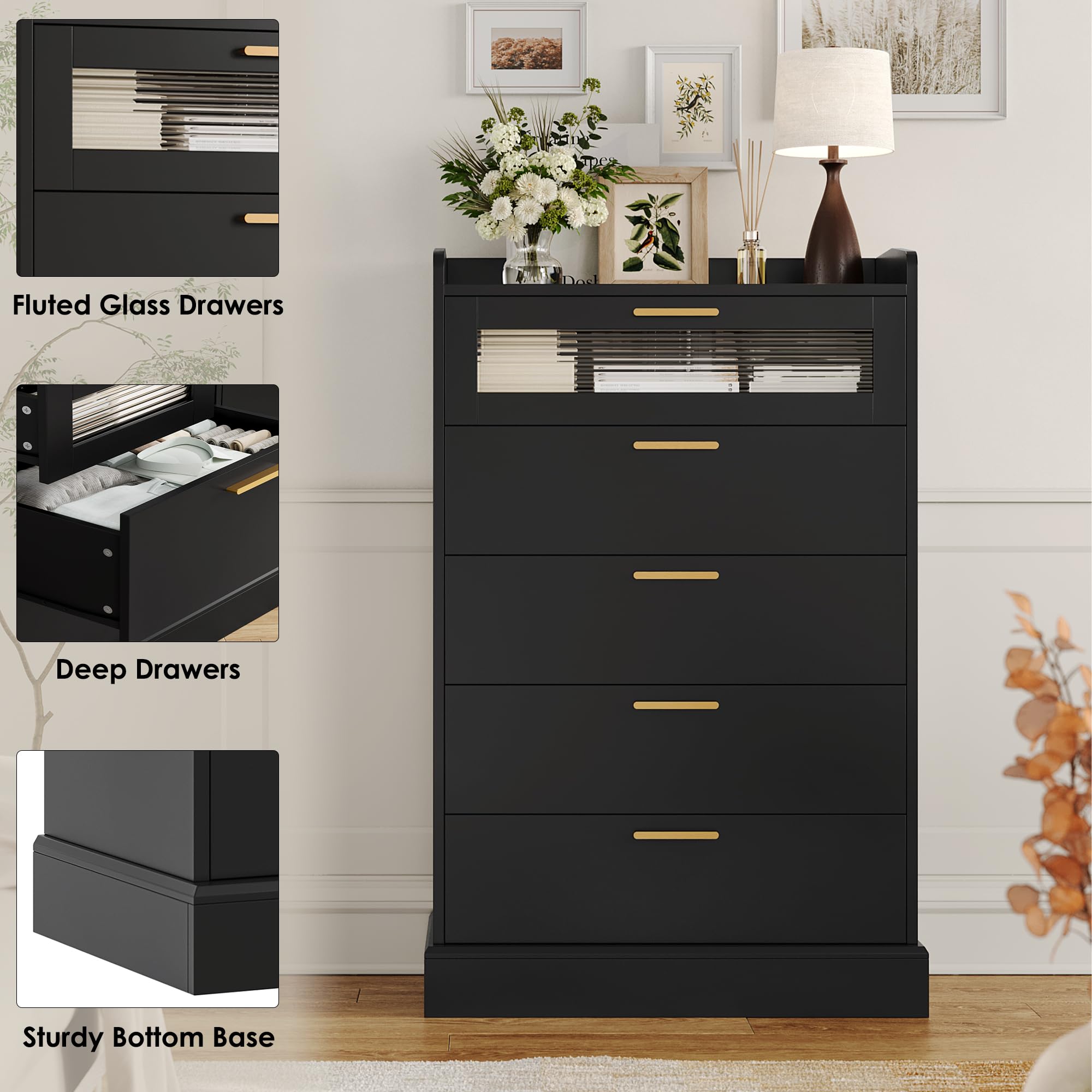 Modern 5-Drawer Dresser with Gold Handles - Wooden Storage Cabinet with Anti-Drop Fence & Fluted Glass - Black Chest of Drawers for Bedroom, Living Room, Hallway & Entryway - Perfect for Home Organization & Stylish Storage Solutions