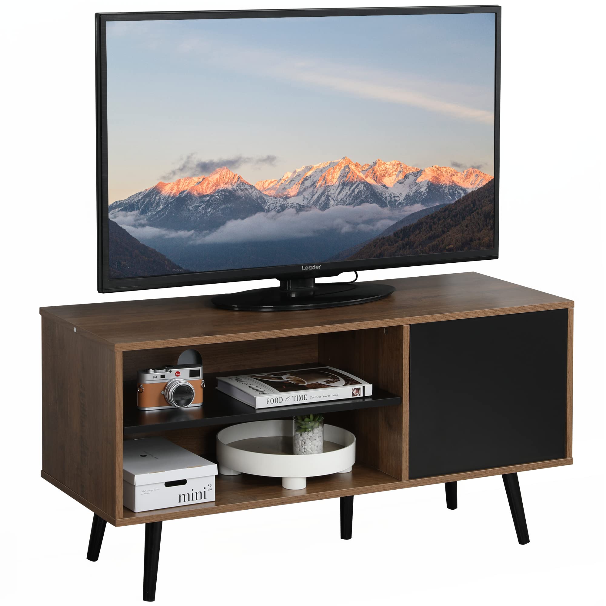 AVAWING Mid-Century Modern TV Stand for 42 Inch TV - Rustic Brown Wood Media Console with Storage Shelves & Open Compartments - Entertainment Center for Living Room, Bedroom - Perfect for Home Theater Setup & Small Space Organization