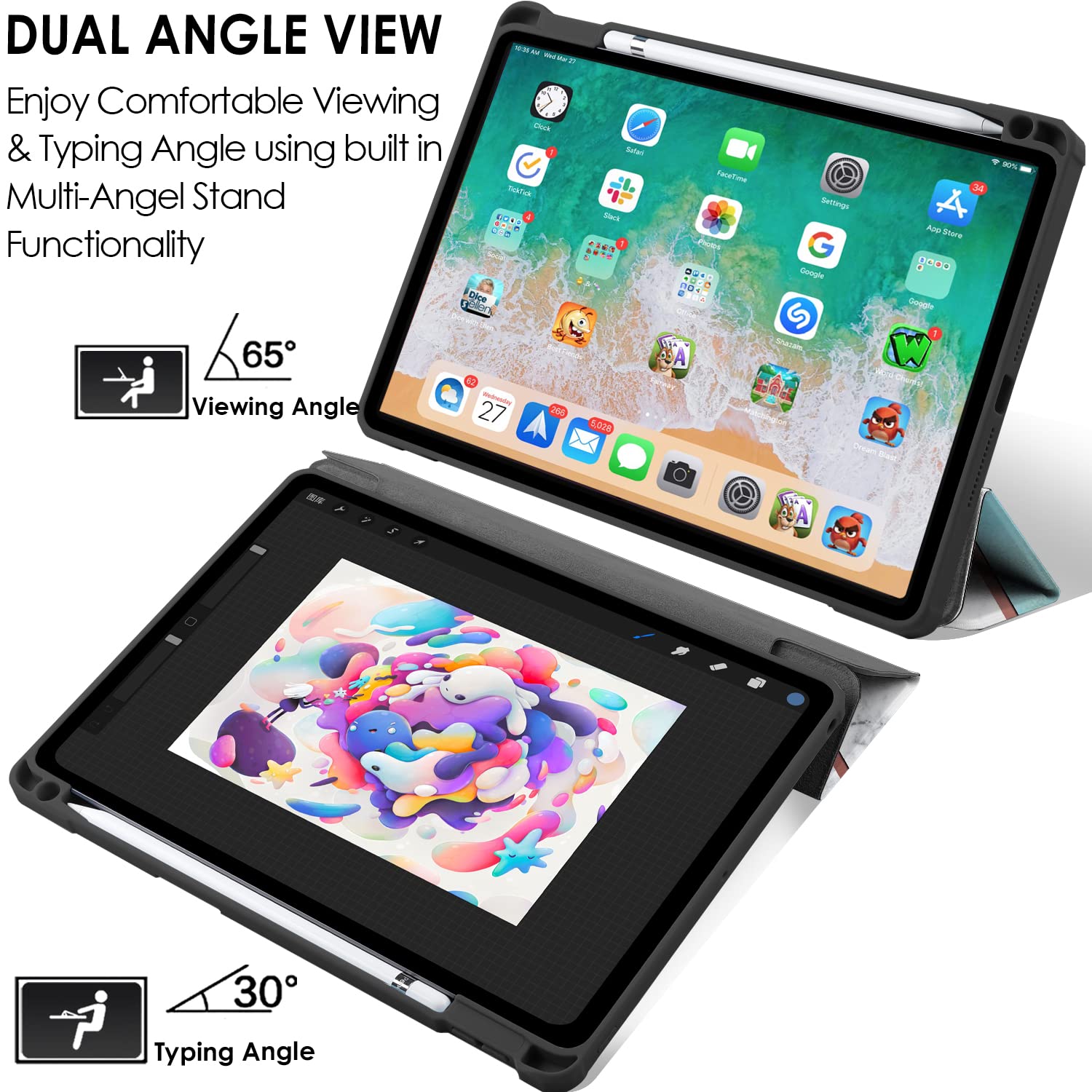 DuraSafe Clear Transparent TPU Case with Pencil Holder for iPad Air 11 (6th/5th/4th Gen 2024/2022/2020) - Shockproof Protective Cover with Green Marble Design - Perfect for Work, School & Travel